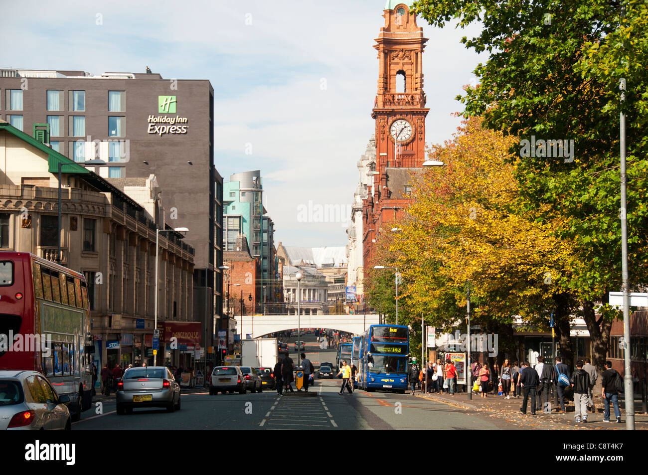 Oxford Road, Manchester, England, UK.  Looking towards St. Peter's Square with the Refuge Assurance tower on the right. Stock Photo