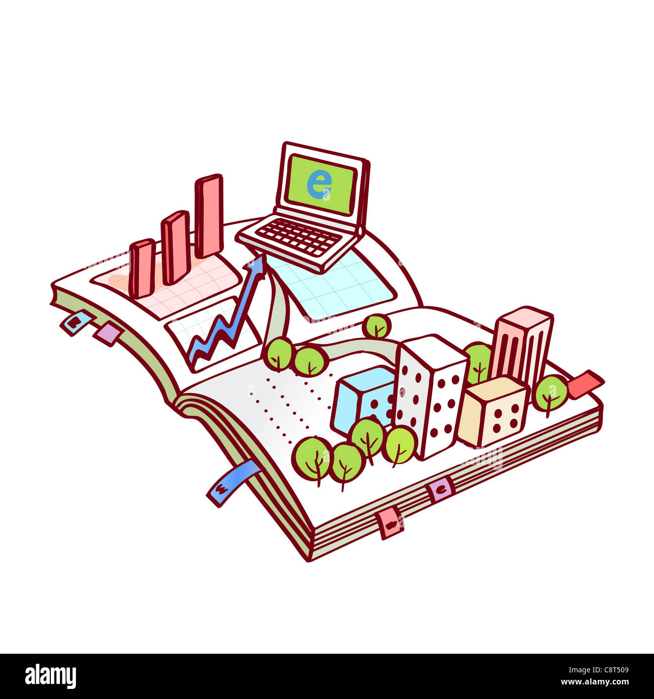 Buildings and laptop with graph on book Stock Photo - Alamy