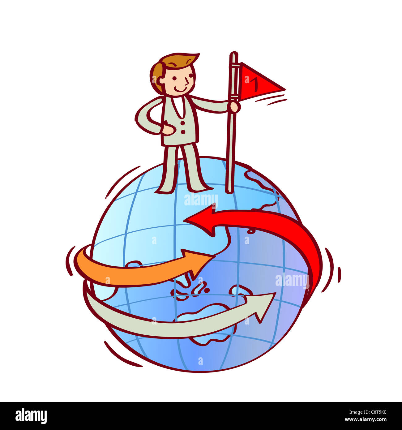 Illustration of successful businessman standing on globe with flag ...