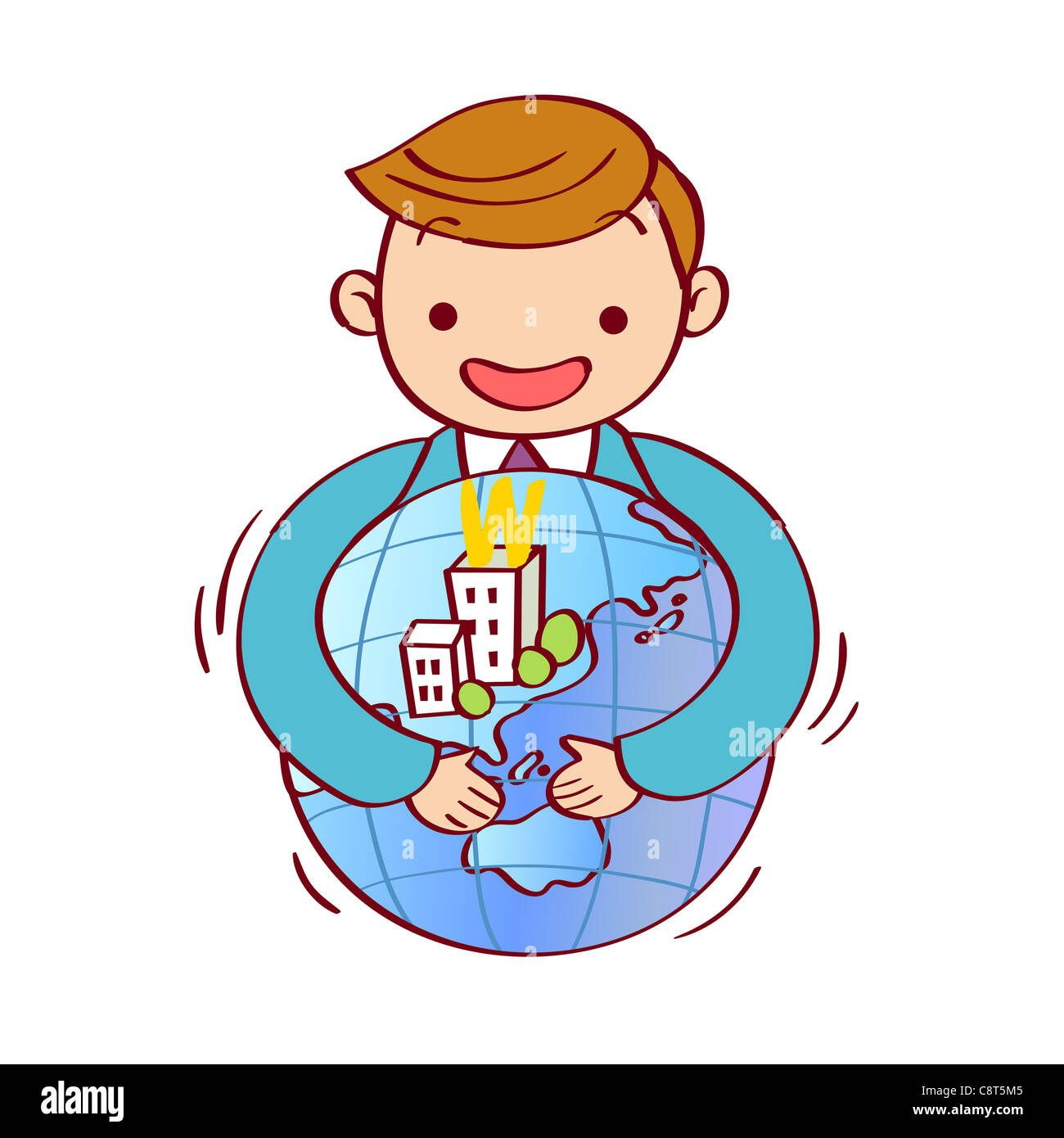 Illustration of smiling businessman holding globe Stock Photo - Alamy