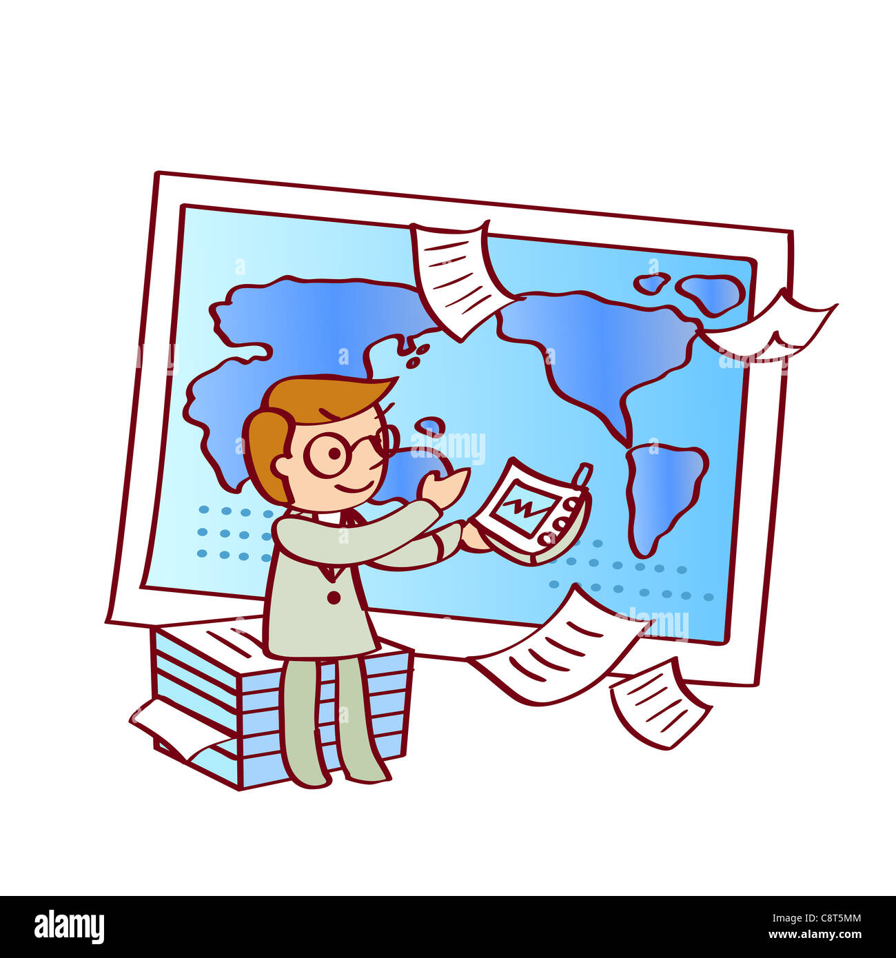Businessman Holding Global Positioning System By World Map Stock Photo