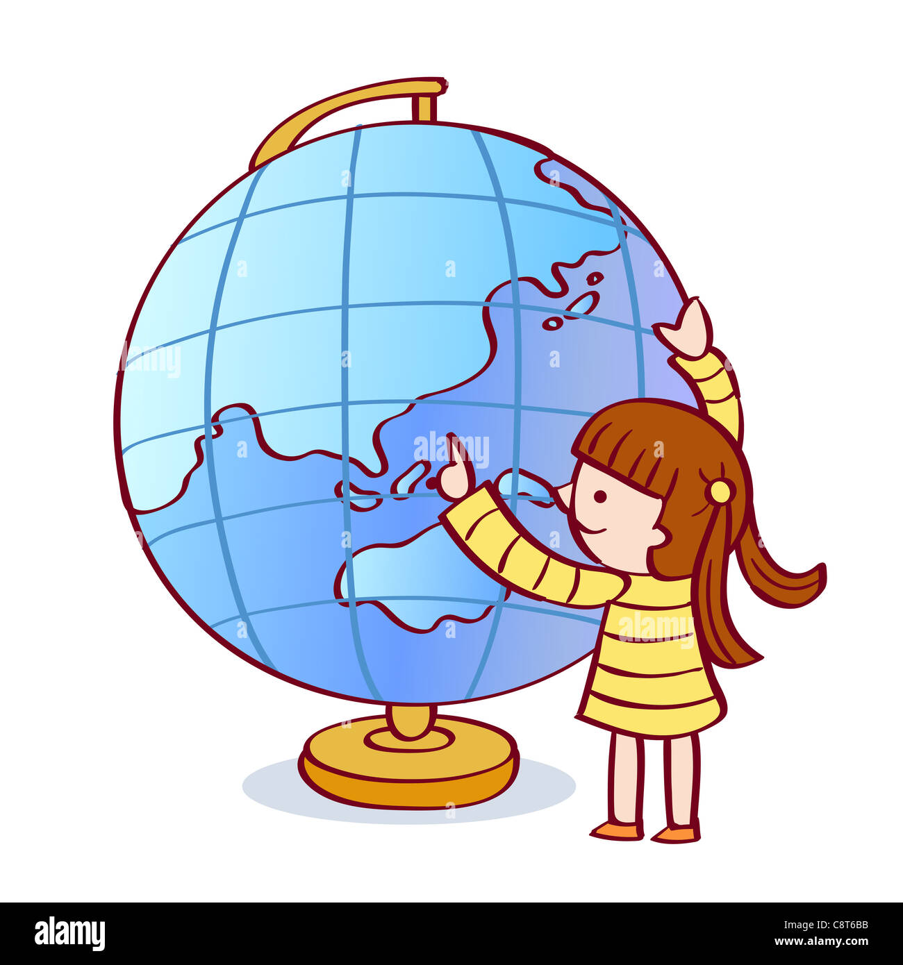 Illustration of girl with desktop globe Stock Photo