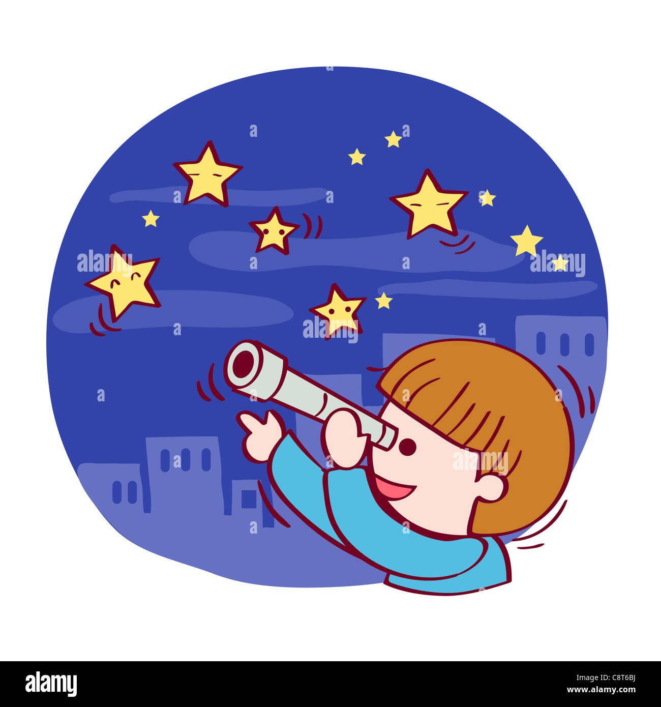 Illustration of girl looking through telescope Stock Photo - Alamy