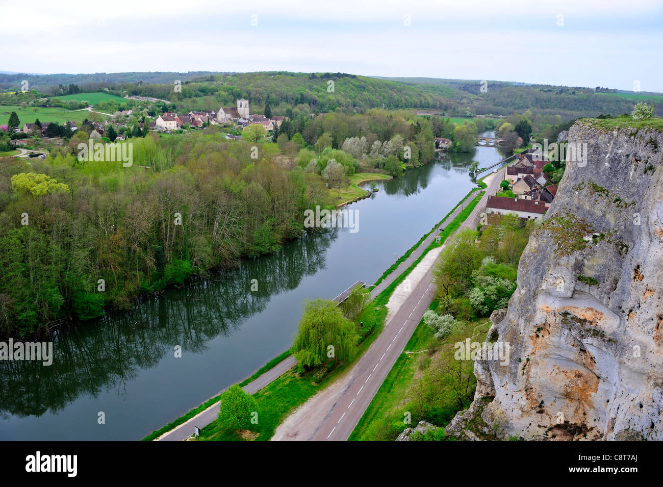 The village of Merry sur Yonne and River Yonne in Burgundy. France. Taken from the top of the Rochers du Saussois Stock Photo