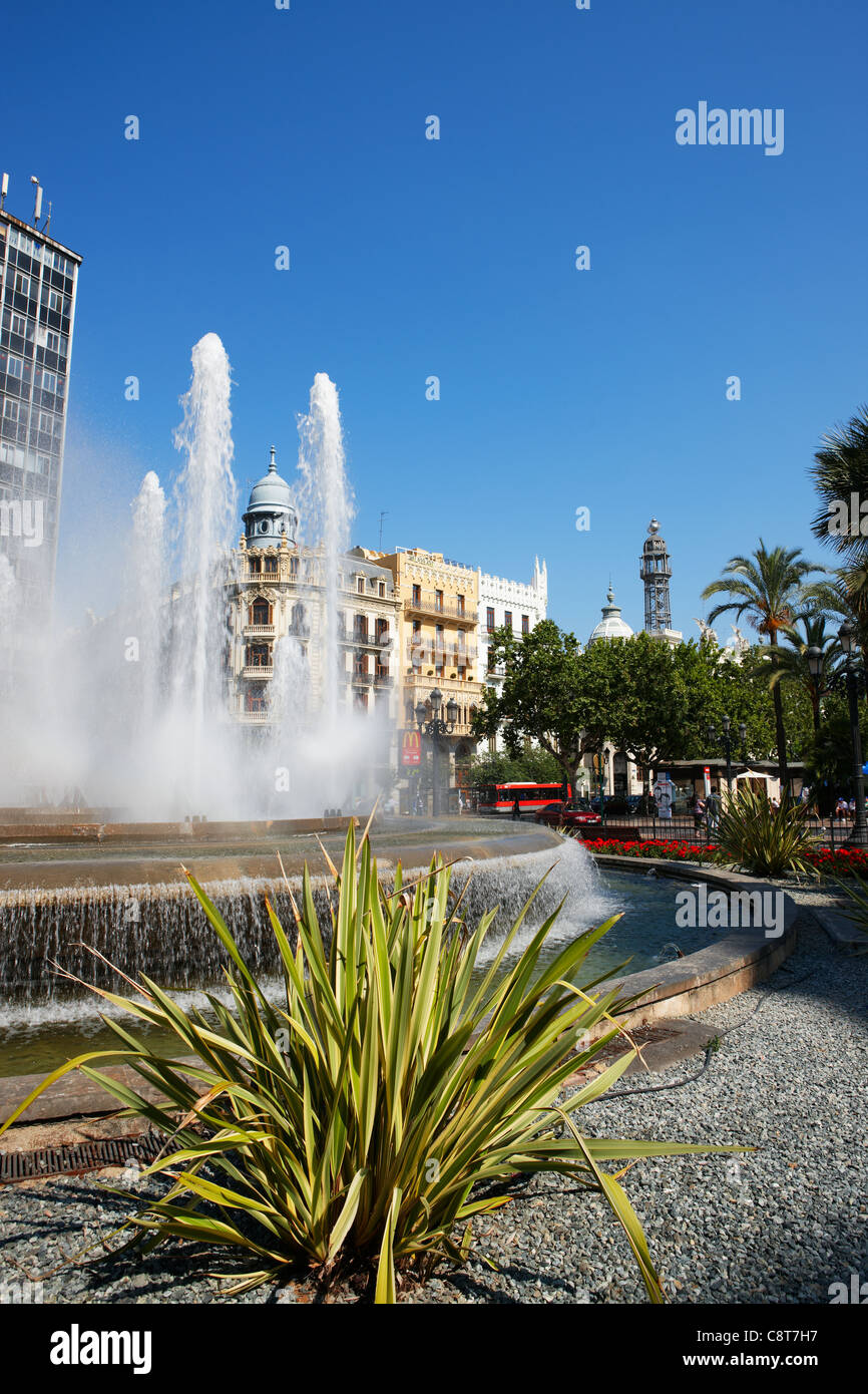 Water fountain in the Town Hall Square. Valencia, Spain. Stock Photo