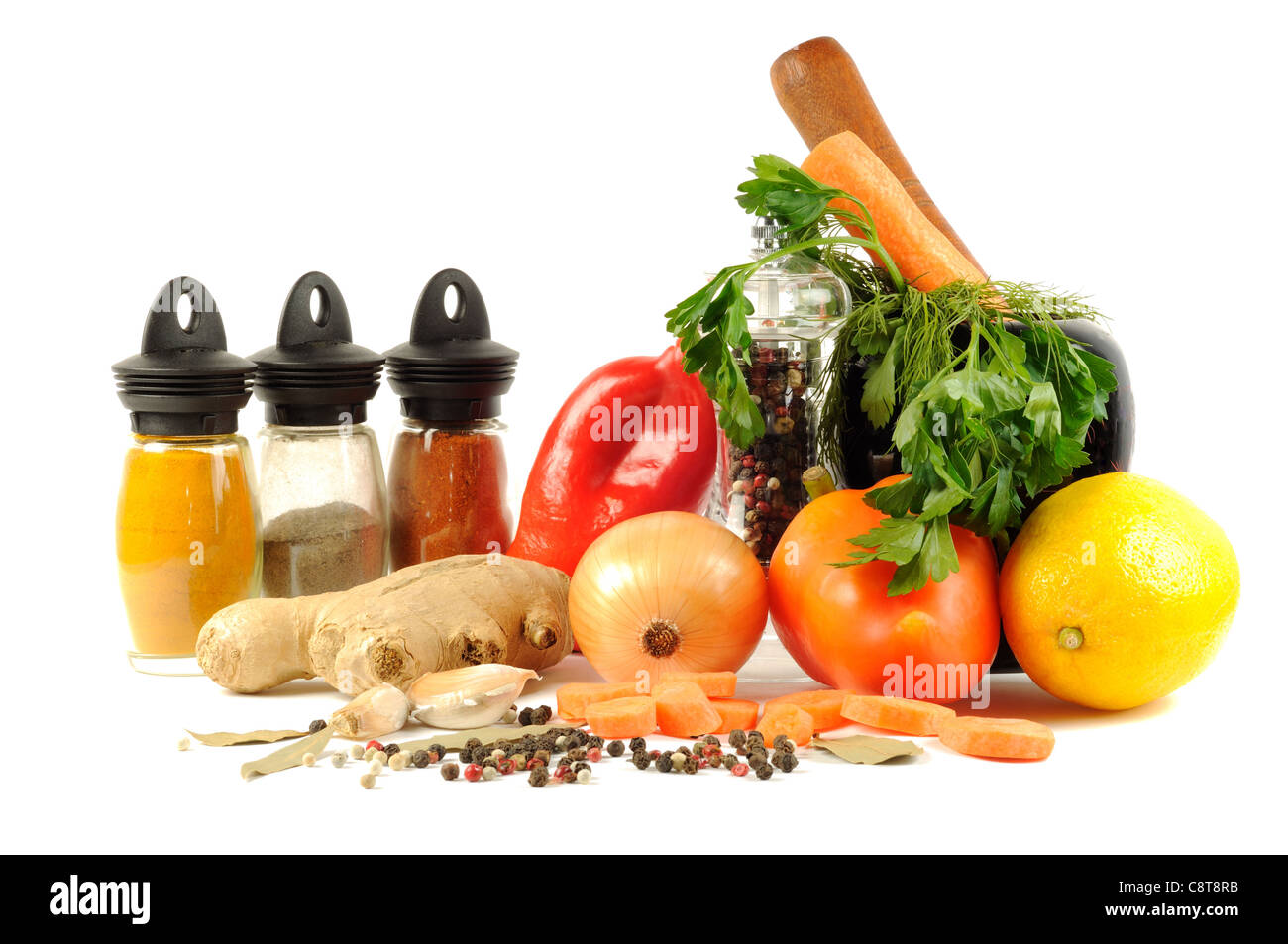Vegetables and spice , on a white background Stock Photo