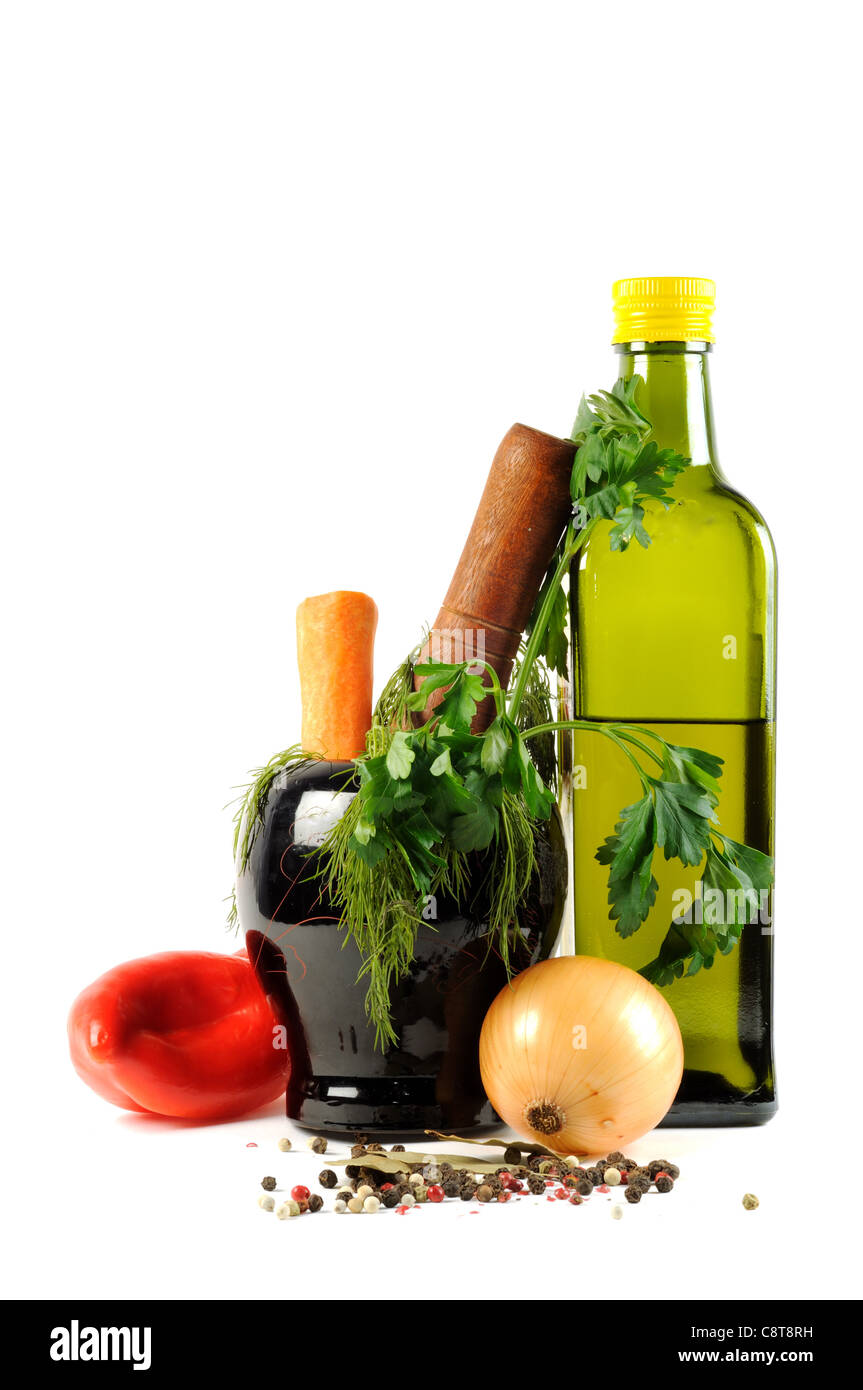 Some spice and olive oil , on a white background Stock Photo