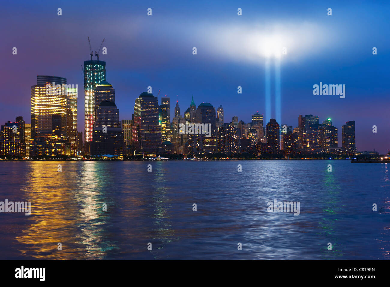 USA, New York City, Manhattan, 911 light memorial on Ground Zero Stock Photo