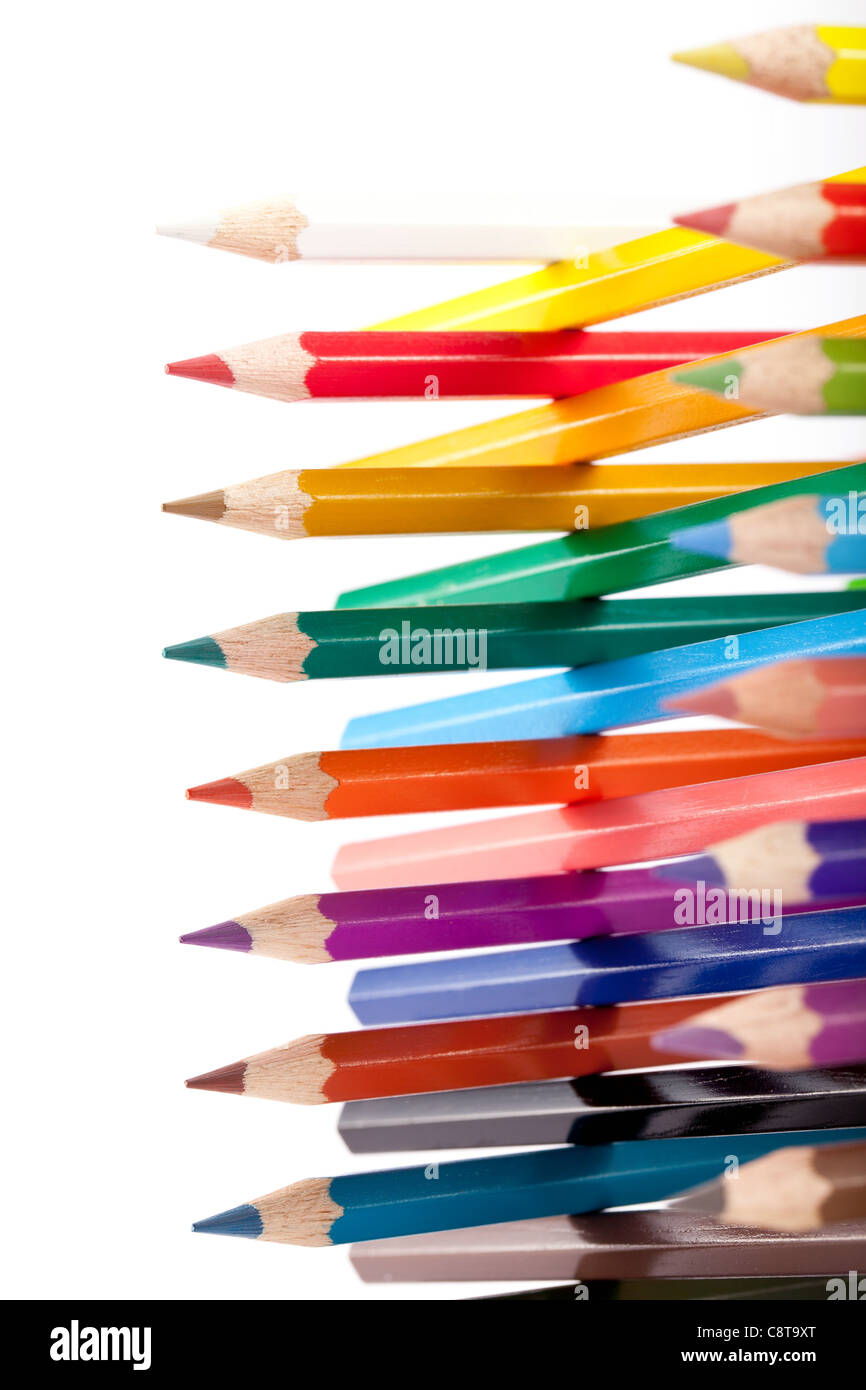 Large Group Of Multi Colored Pencils With Built Structure Stock Photo