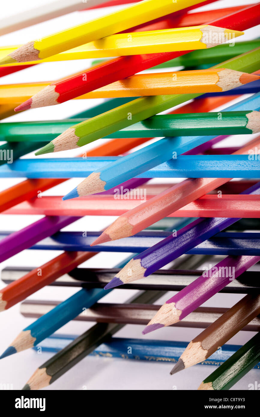 Large Group Of Multi Colored Pencils With Built Structure Stock Photo