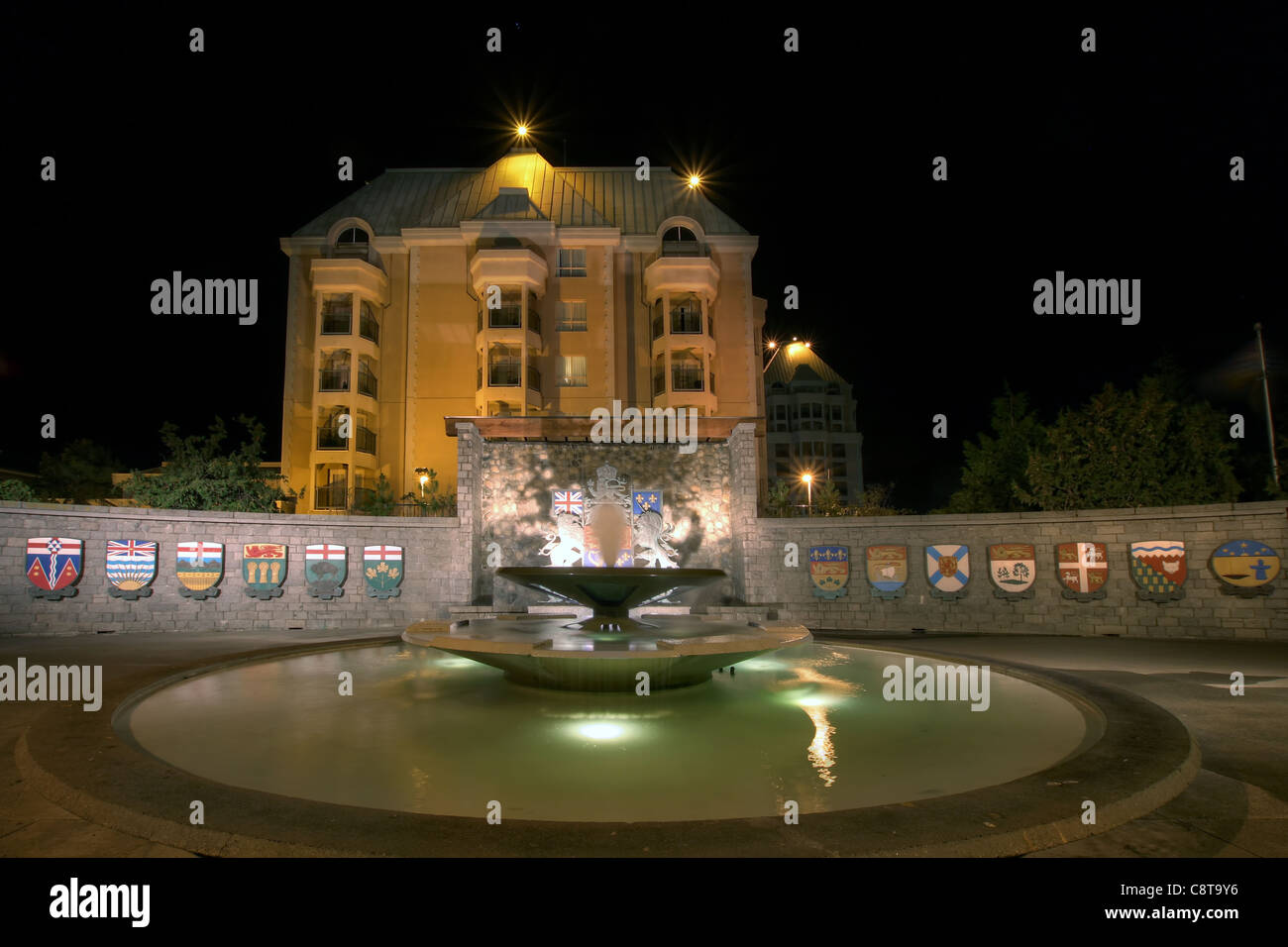 Confederation Garden Court Fountain in Victoria BC Canada with Code of