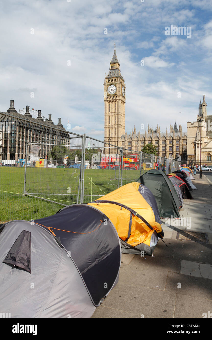 Protesters camping at Parliament square in London. Stock Photo