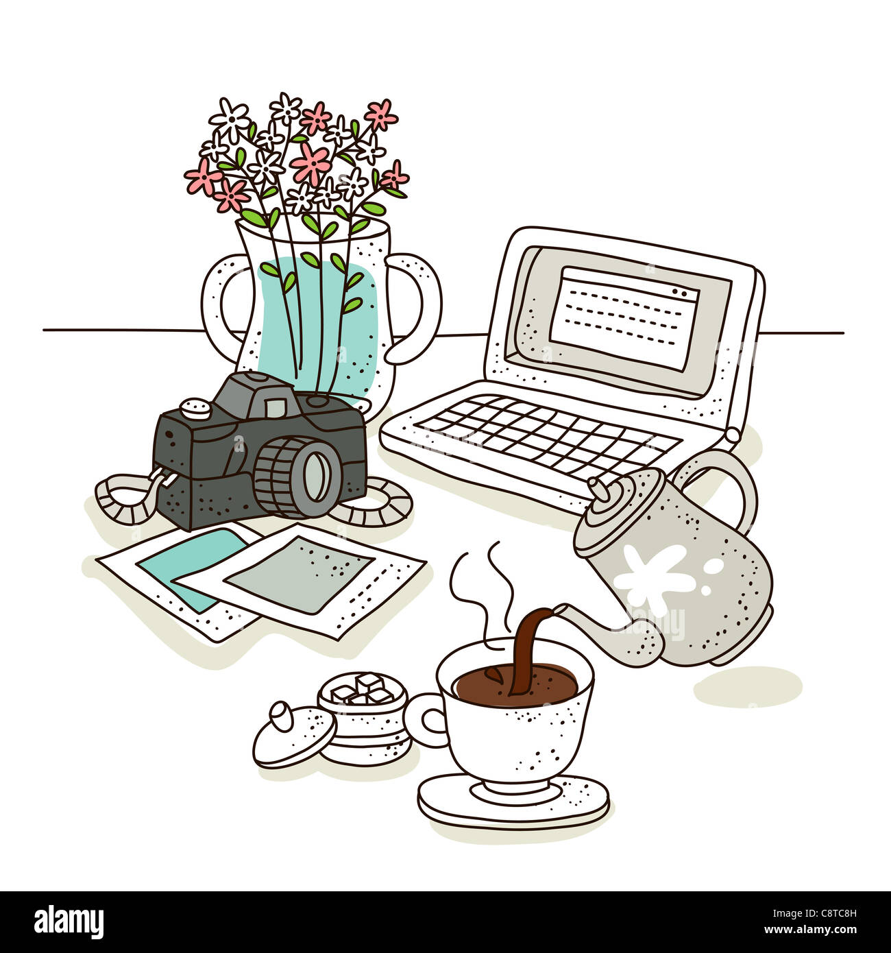 Cup of coffee with laptop and digital camera Stock Photo - Alamy