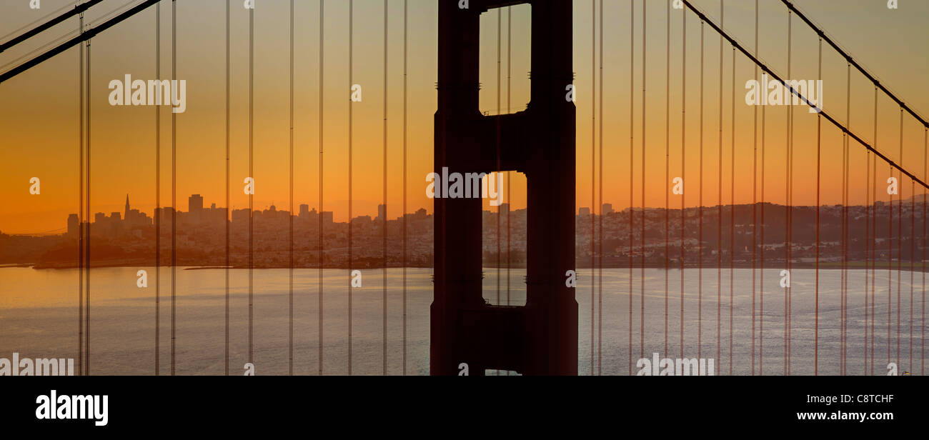 Sunrise over San Francisco Bay and Skyline with Golden Gate Bridge Panorama Stock Photo