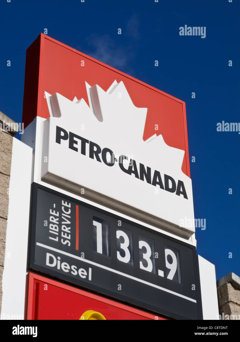 Gas price in Canada, 133.9 dollarcent at Petro-Canada gas station Stock Photo