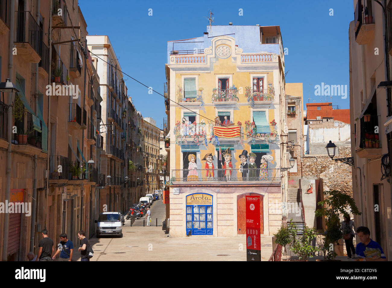 Colorful mural on building on Sedassos square. Tarragona, Catalonia, Spain. Stock Photo