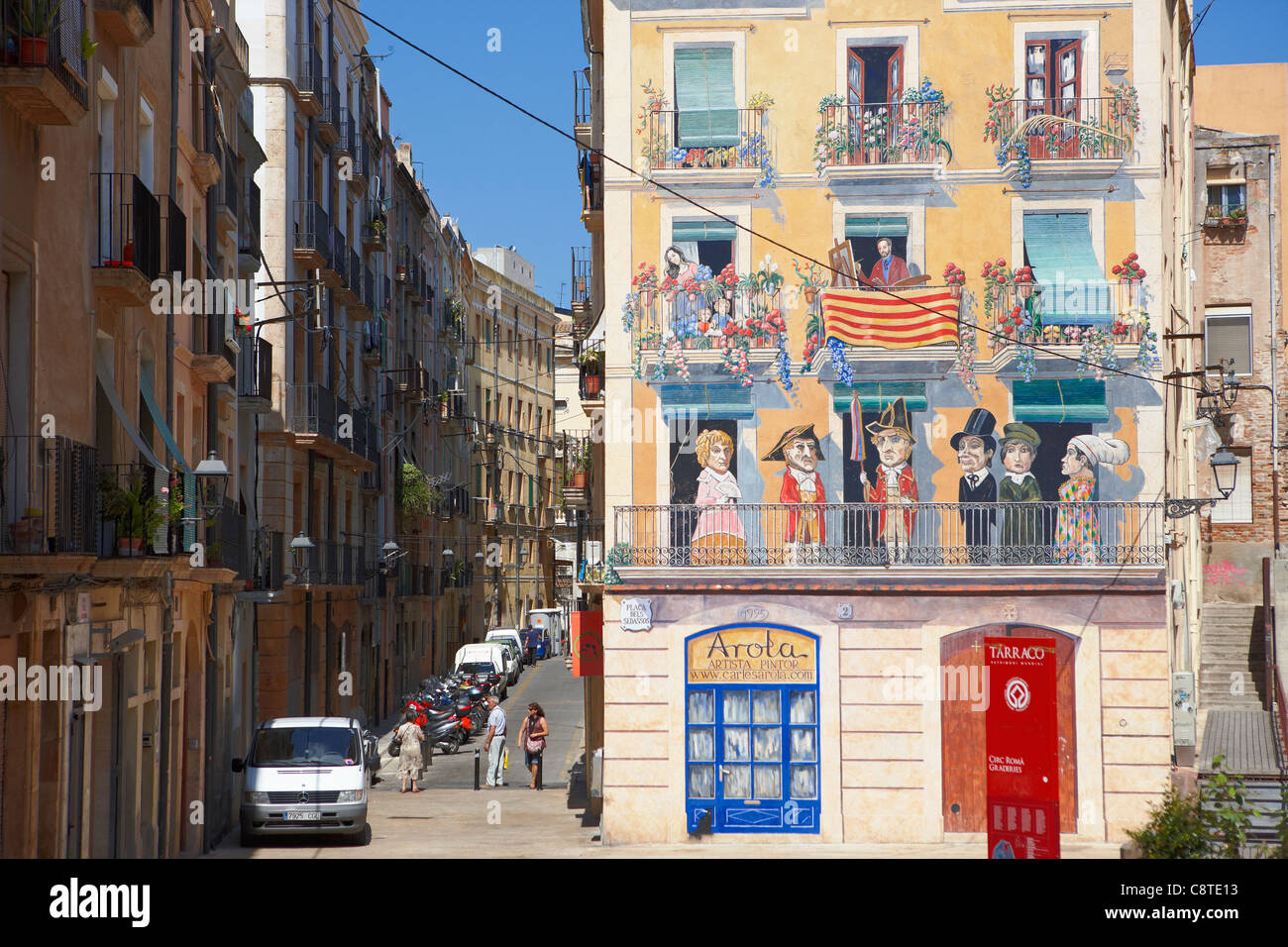 Colorful mural on building on Sedassos square. Tarragona, Catalonia, Spain. Stock Photo
