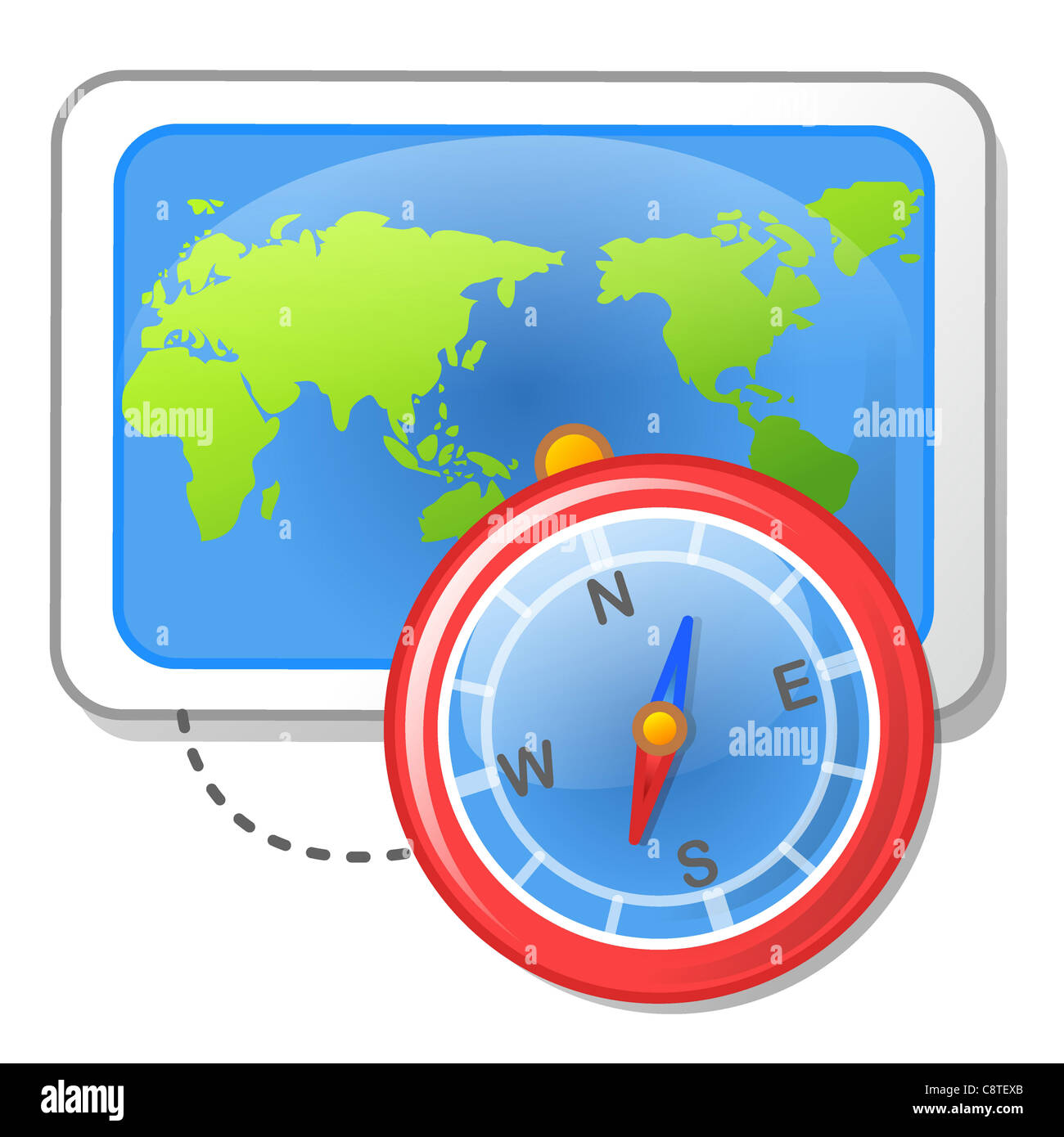 Illustration of world map and compass Stock Photo - Alamy