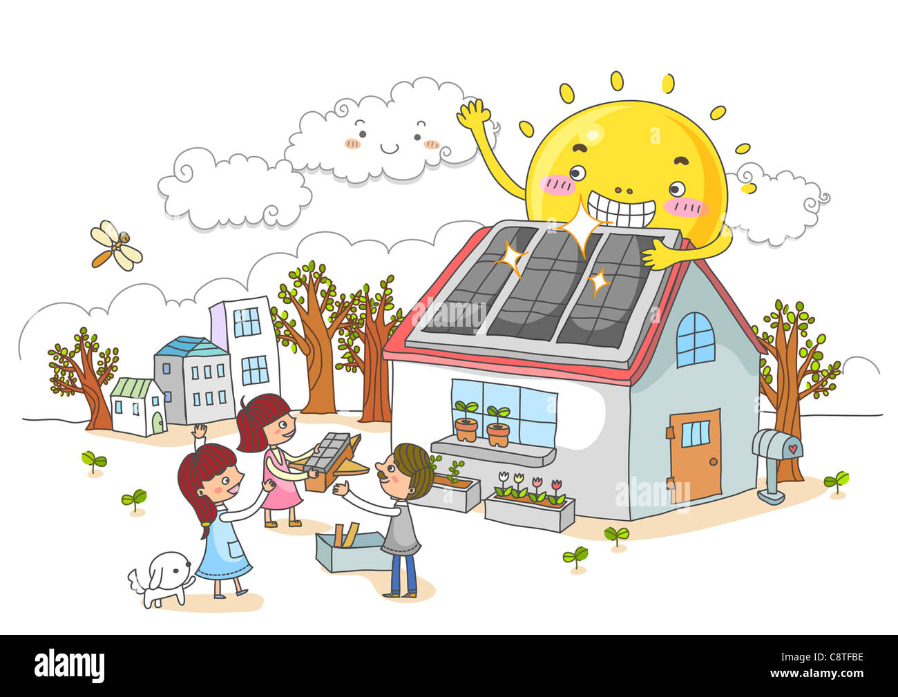 Family Constructing The Solar Panel Over The Roof Of House Stock Photo 