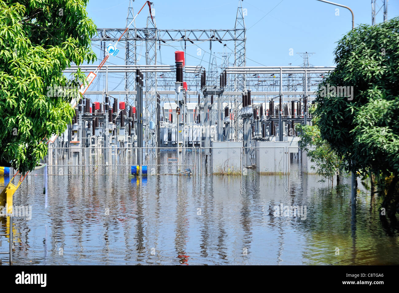 Electrical high voltage sub station under water after severe floods hit