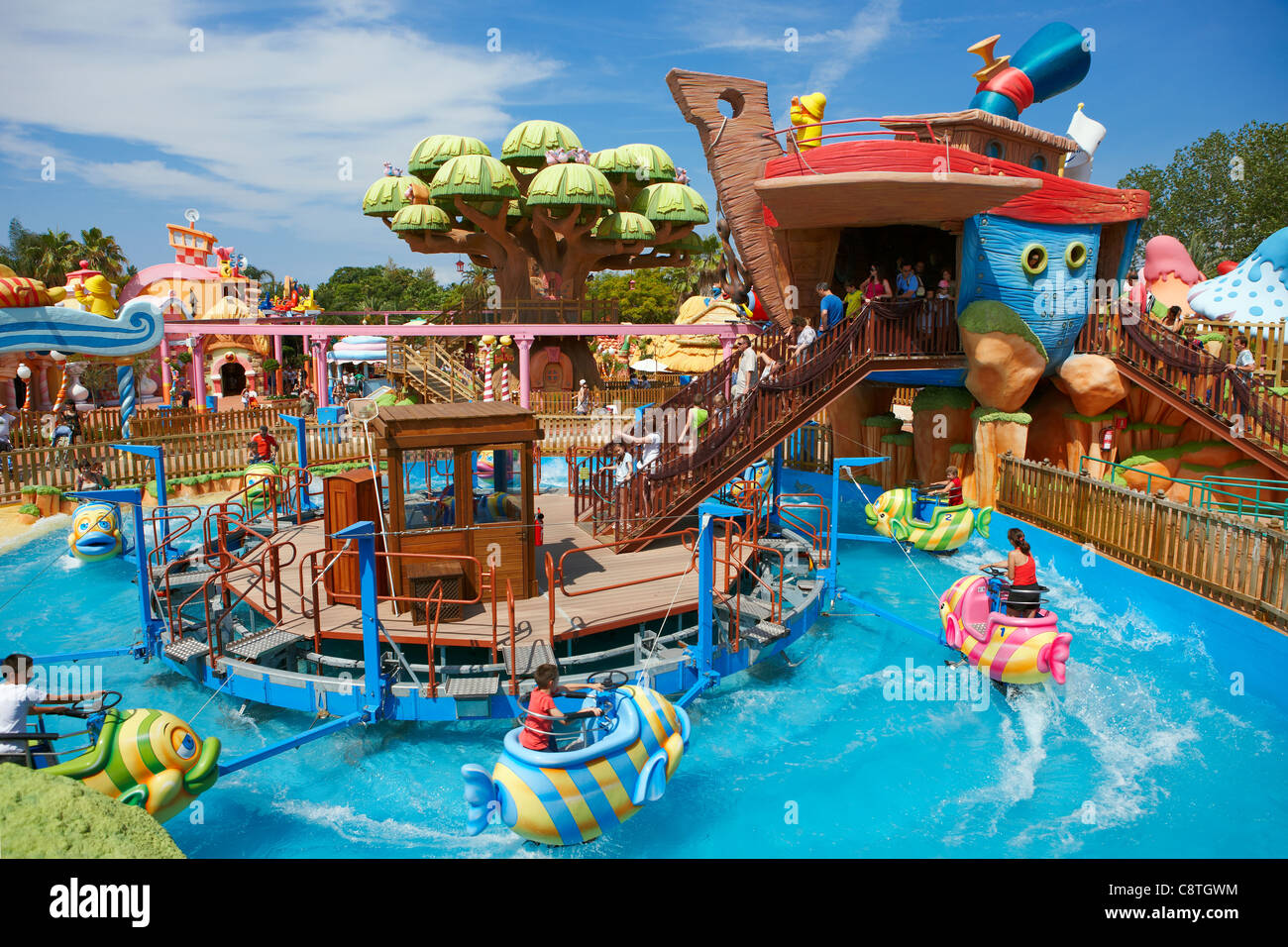 Magic Fish water carousel for children in Port Aventura amusement park. Salou, Catalonia, Spain. Stock Photo