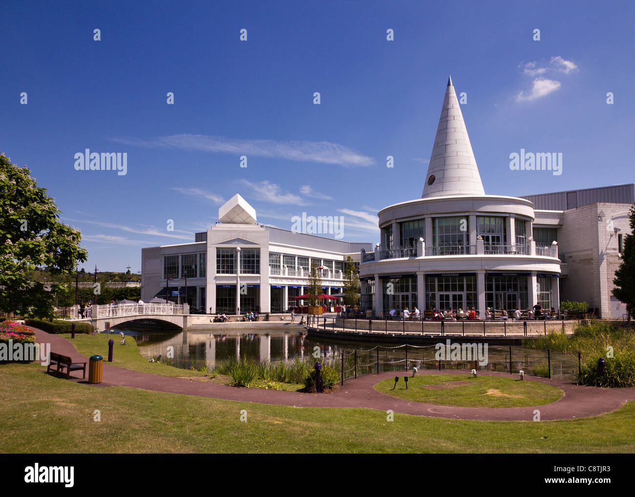 Lawns and lake outside Bluewater shopping centre, Greenhithe, Kent, England, UK Stock Photo