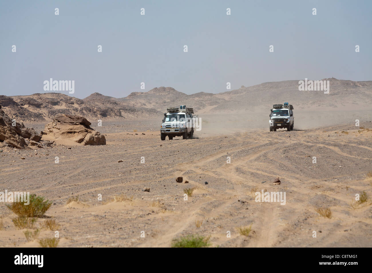 Long shot of  two four wheel drive vehicles approaching camera kicking up dust trails in Egypt's Eastern desert Stock Photo