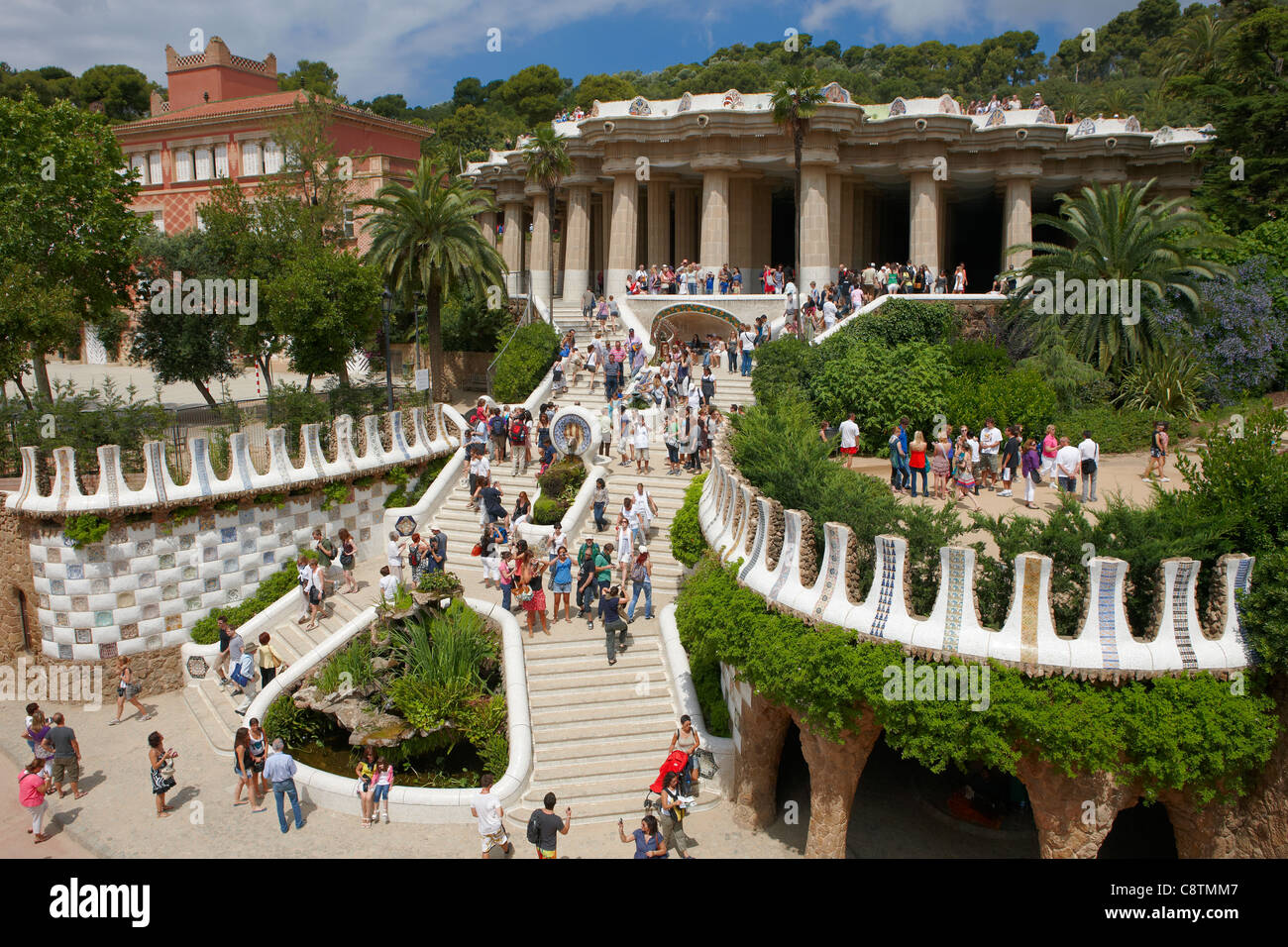 People visiting the Park Guel, one of the major works of Gaudi in Barcelona. Catalonia, Spain. Stock Photo