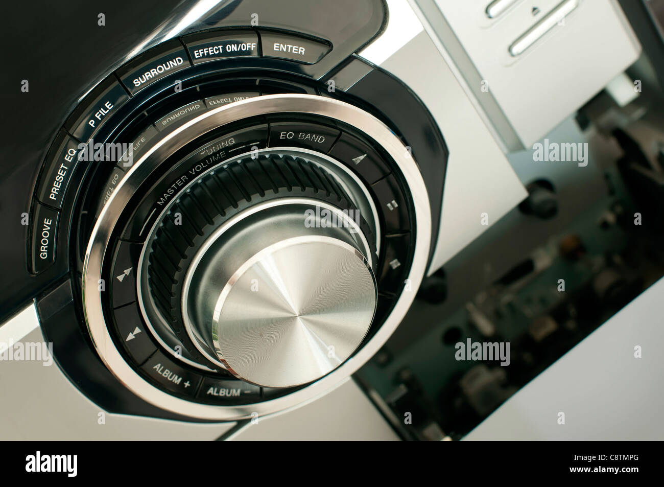 Music system close up buttons. Increase volume Stock Photo