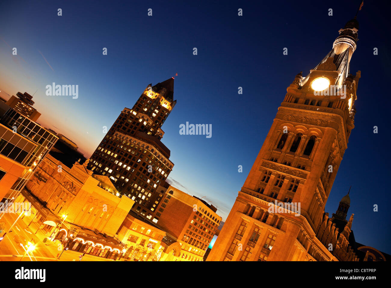 USA, Wisconsin, Milwaukee, Milwaukee Center and City Hall buildings in downtown district Stock Photo