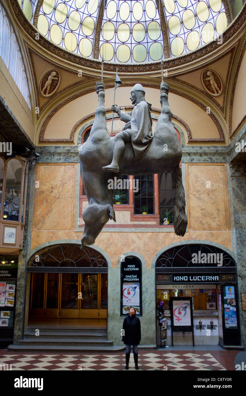 Lucerna Pasaz (arcade) with David Cerny's upside down St Wenceslas and horse Prague in Czech Republic Stock Photo