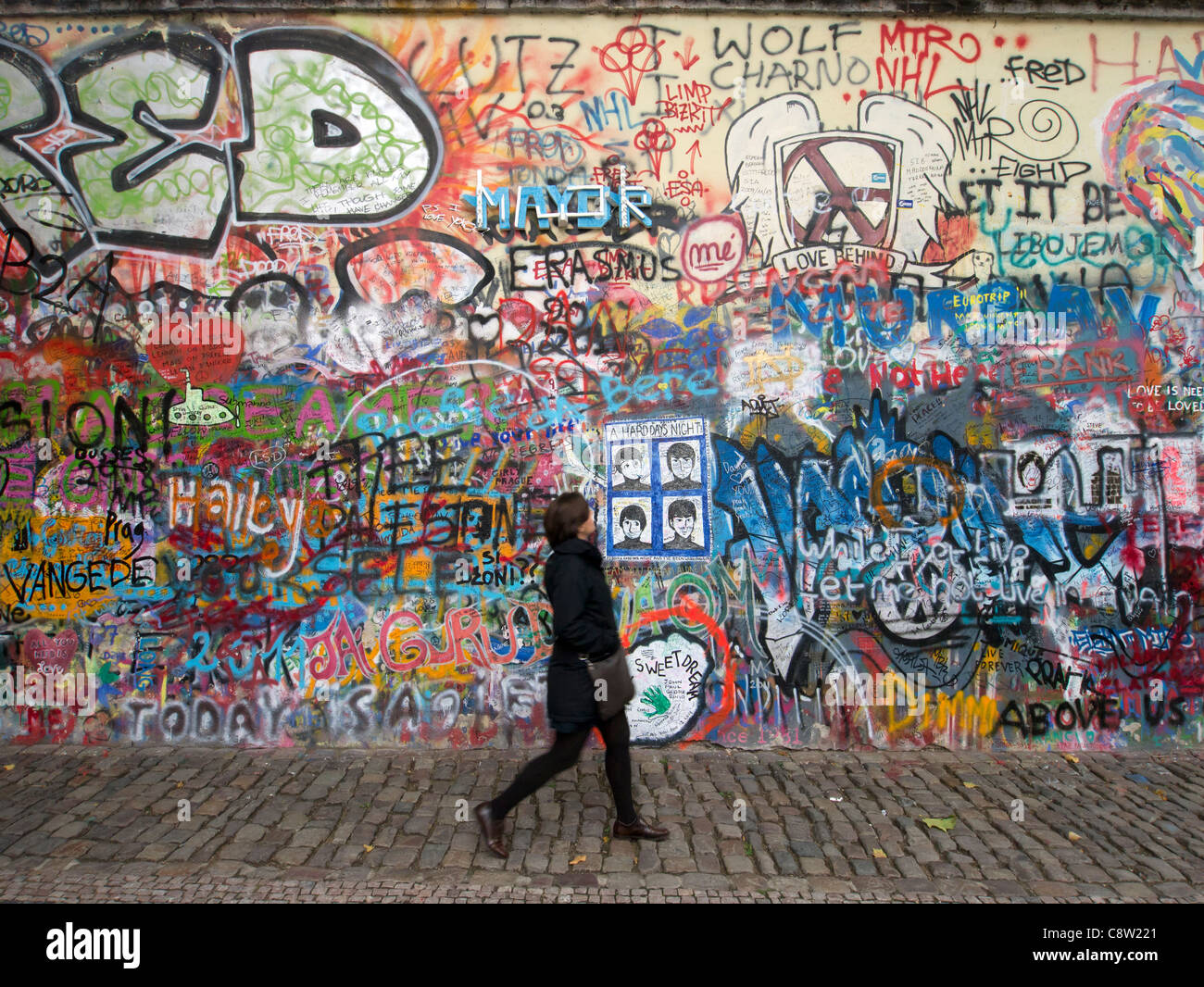 Lennon Wall graffiti in Mala Strana in Prague in Czech Republic Stock Photo