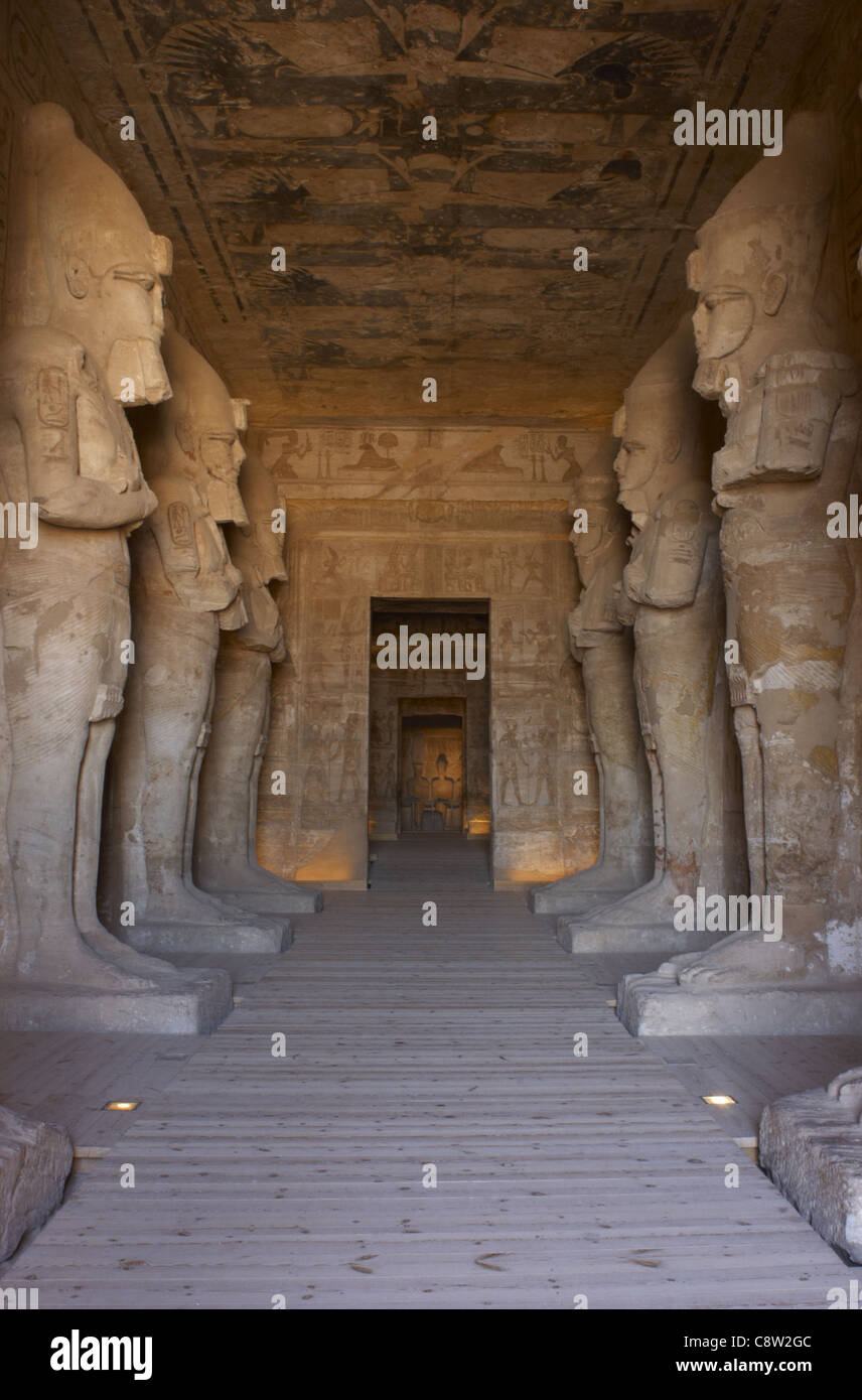 The God Ramsas Egyptian art. Great Temple of Ramses II. First room with eight statues ...