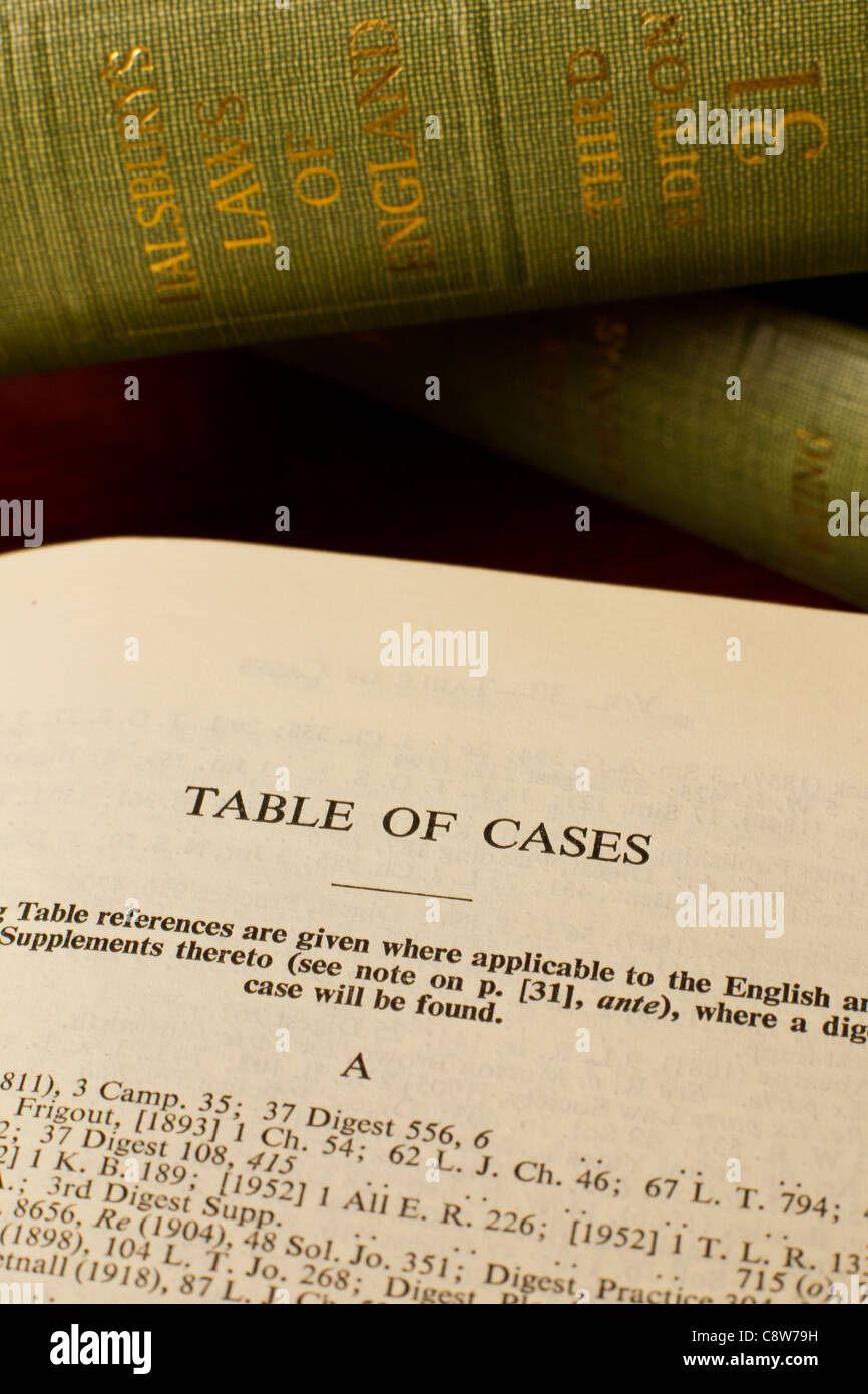 Halsbury's Laws of England, legal texts, on table, open to table of