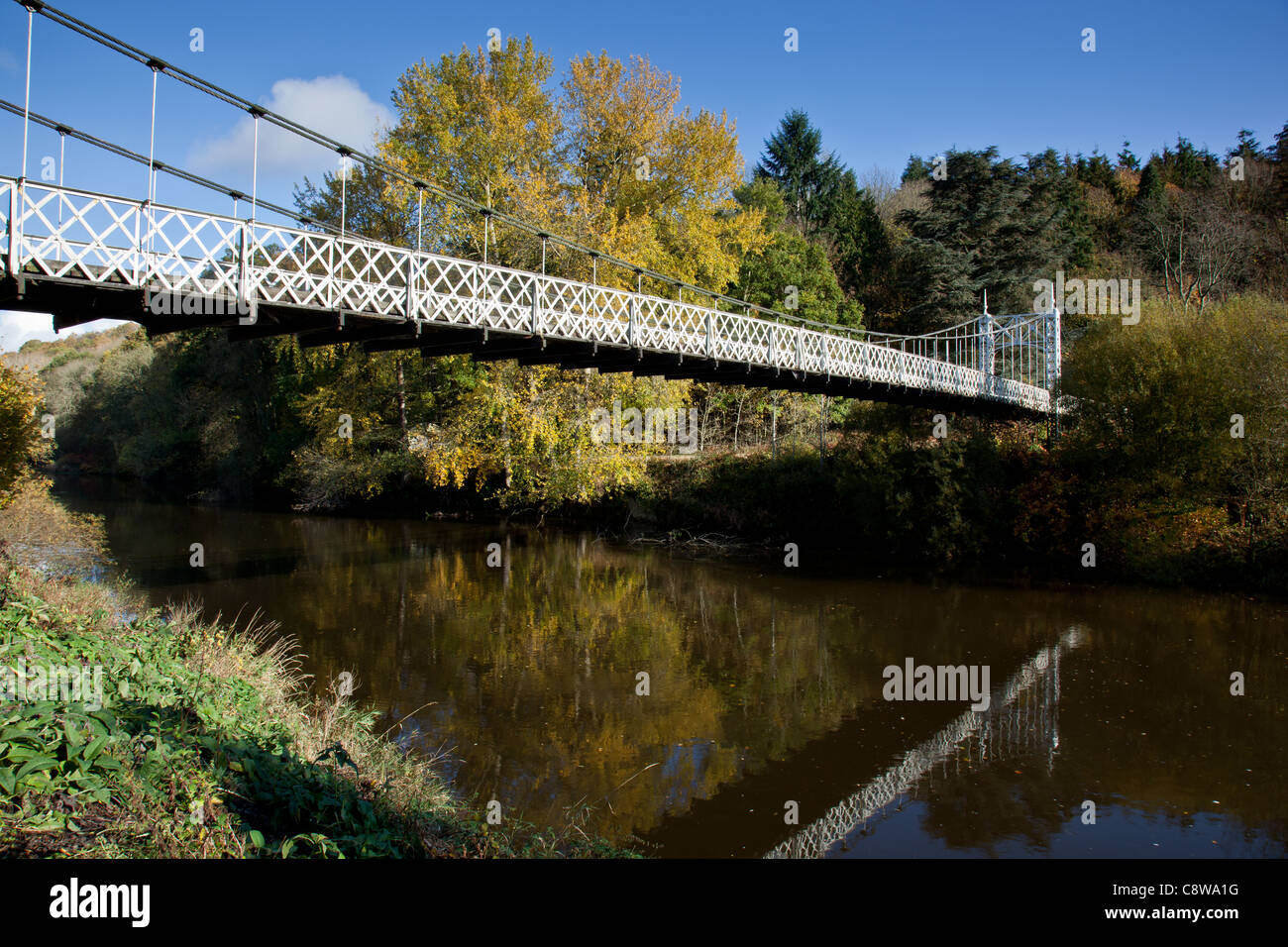 Suspension bridge over the River Severn, near Apley Hall, Bridgnorth, Shropshire as seen from