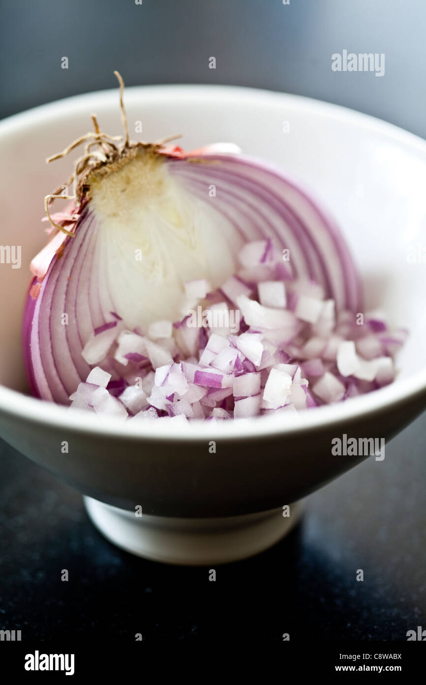 Chopped Red Onion In Bowl Stock Photo Alamy