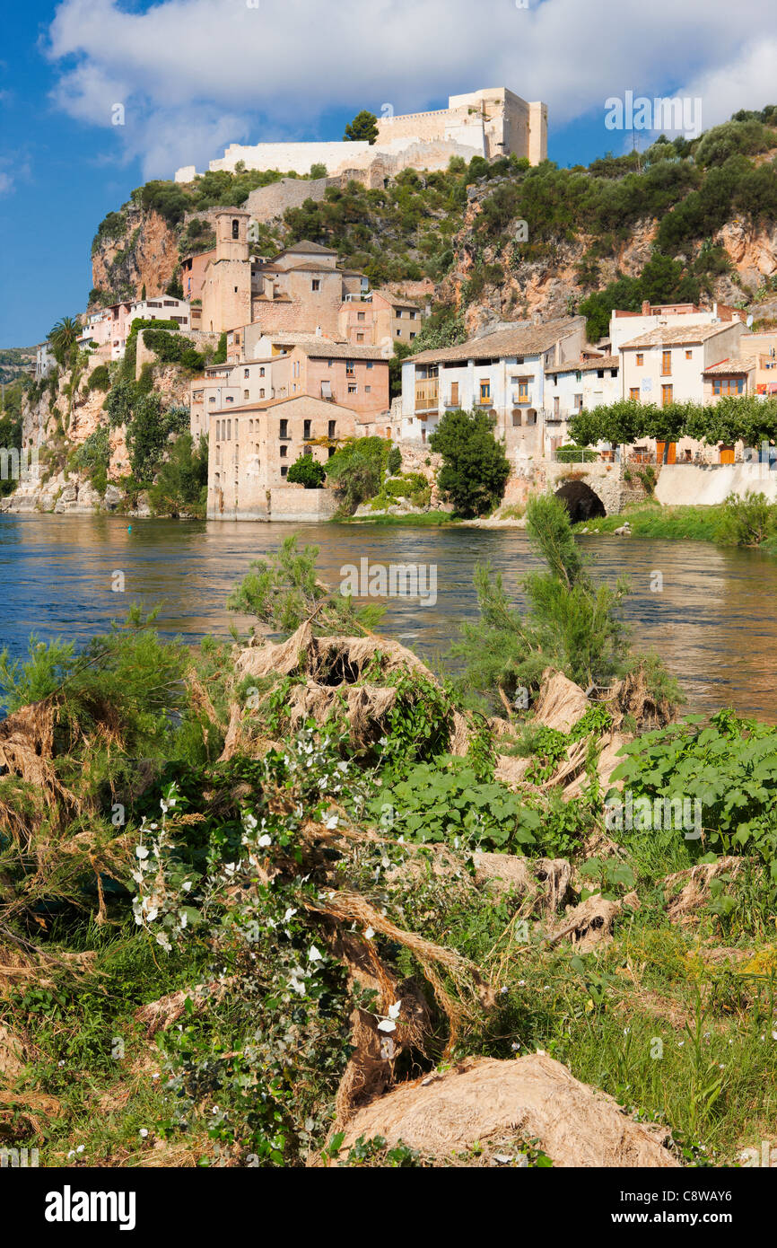 Ebro river and Miravet village. Catalonia, Spain. Stock Photo