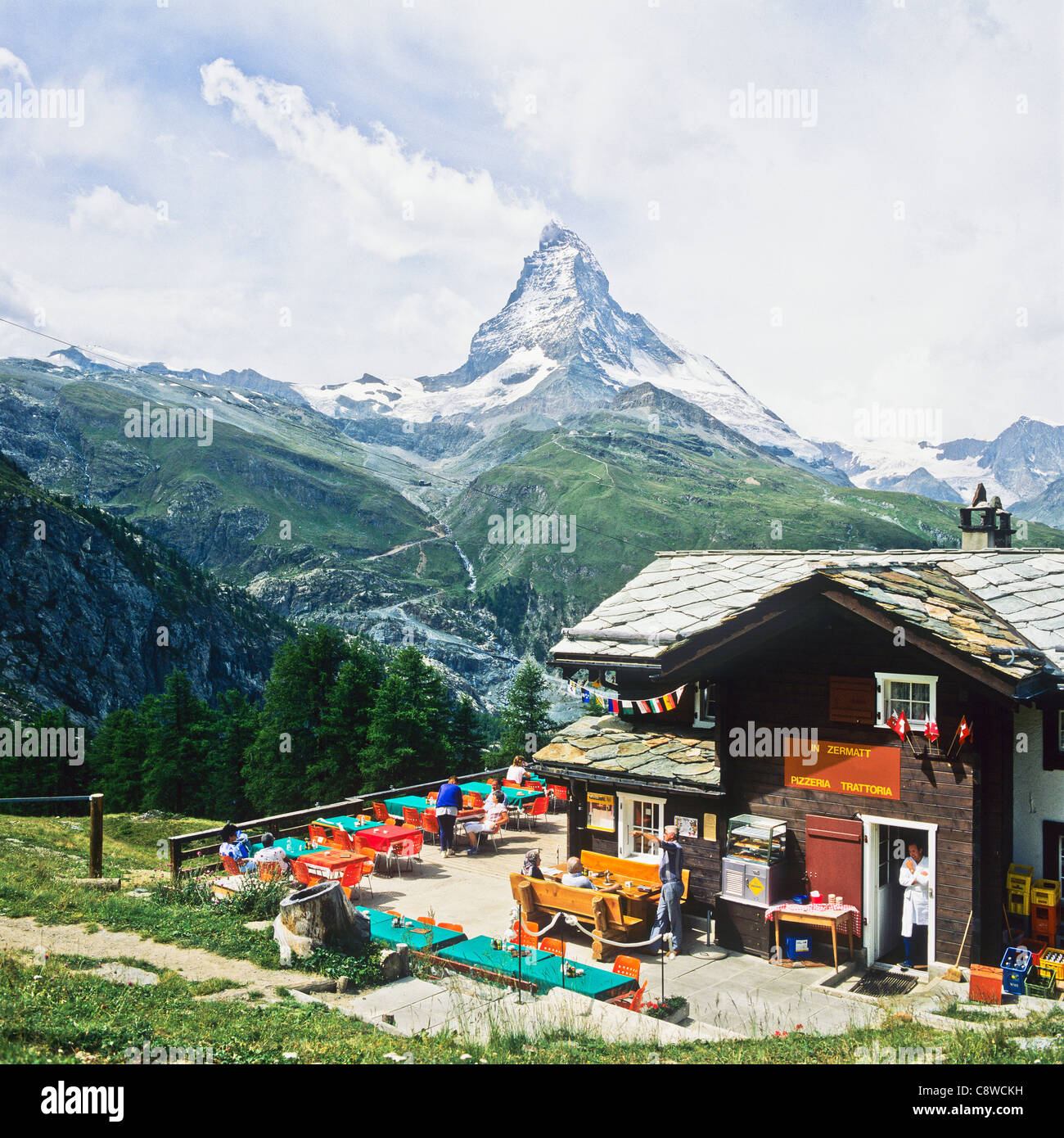 Mountain restaurant and Matterhorn Zermatt canton Valais Switzerland Europe Stock Photo