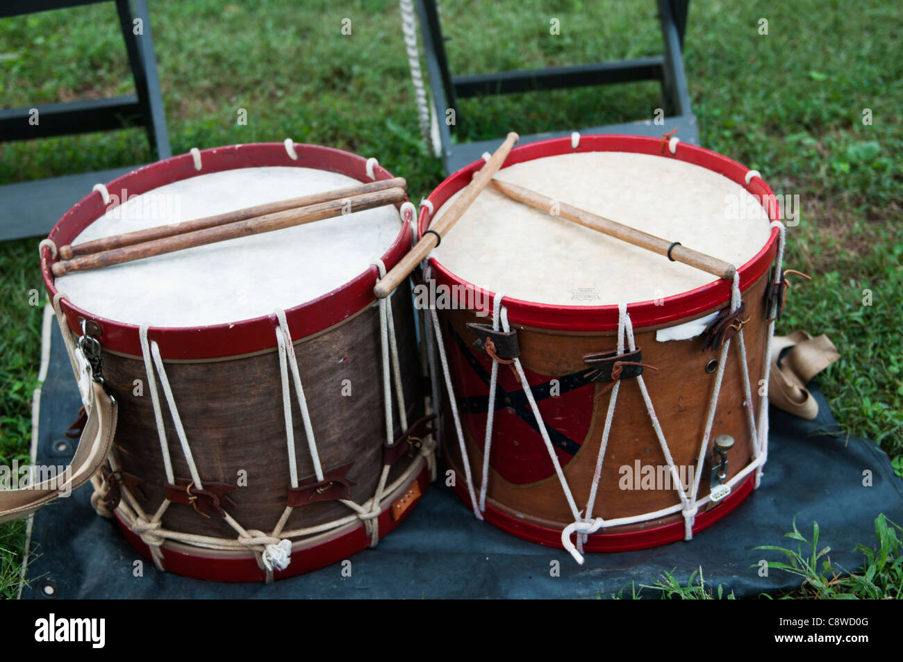 Two vintage military marching drums at a Civil War reenactment in Richmond Virginia. Stock Photo