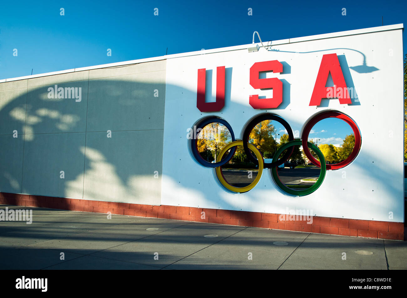 A sign with Olympic rings at the U.S. Olympic Training Center, Colorado Springs, Colorado Stock Photo