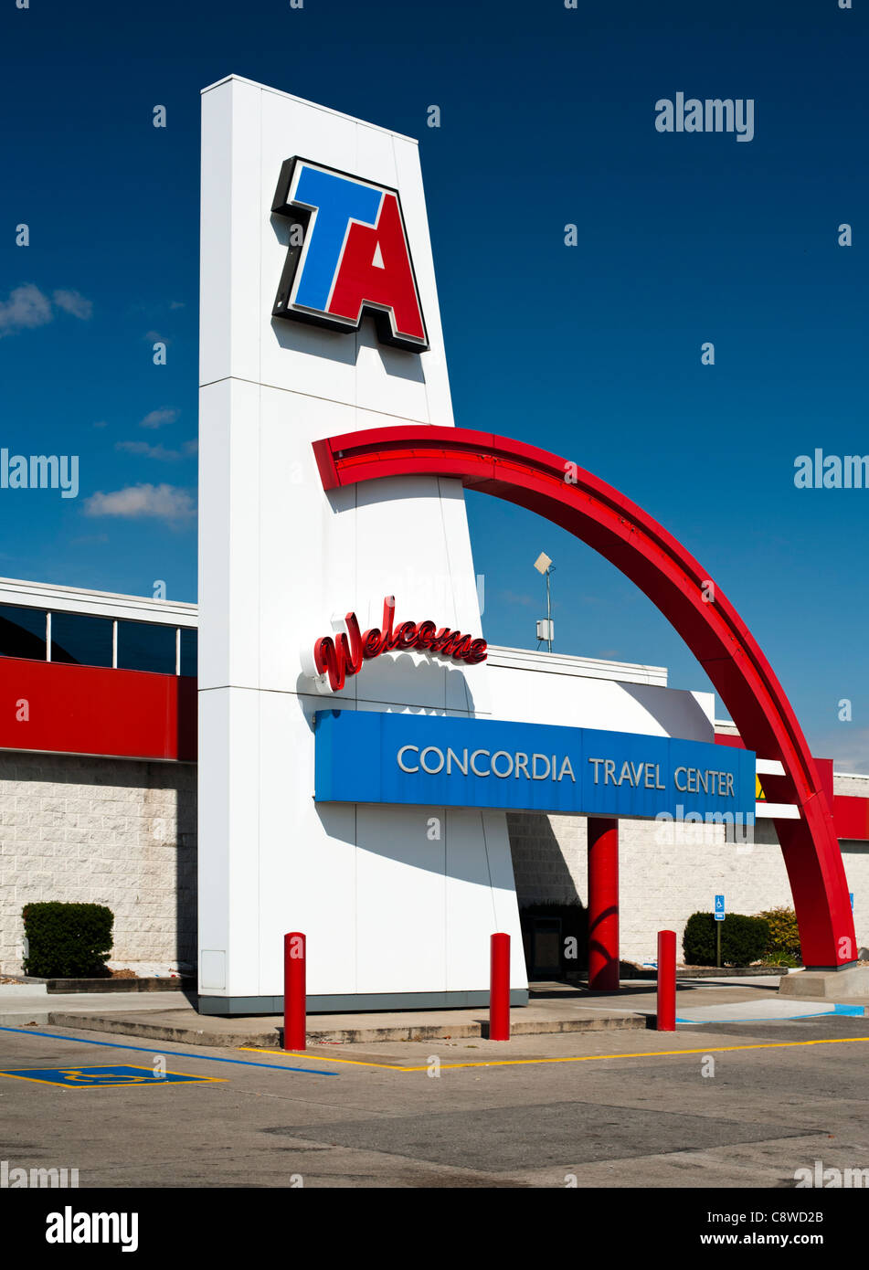 Concordia Missouri, Travel Centers of America, TA Truck Stop, front view on a sunny day with vivid blue sky. Stock Photo
