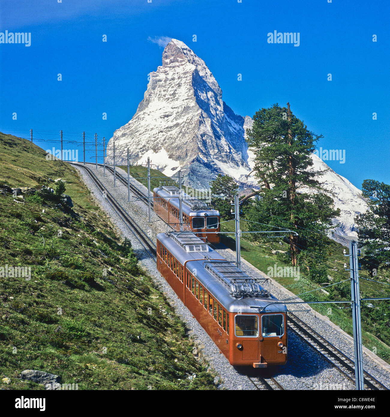 Gornergratbahn rack railway train and the Matterhorn Zermatt Valais