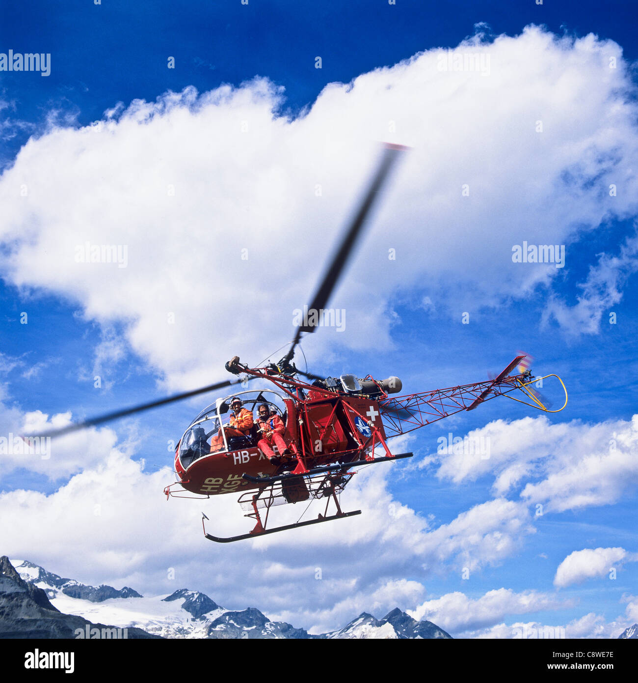 Alouette II rescue helicopter in flight Zermatt Valais Switzerland