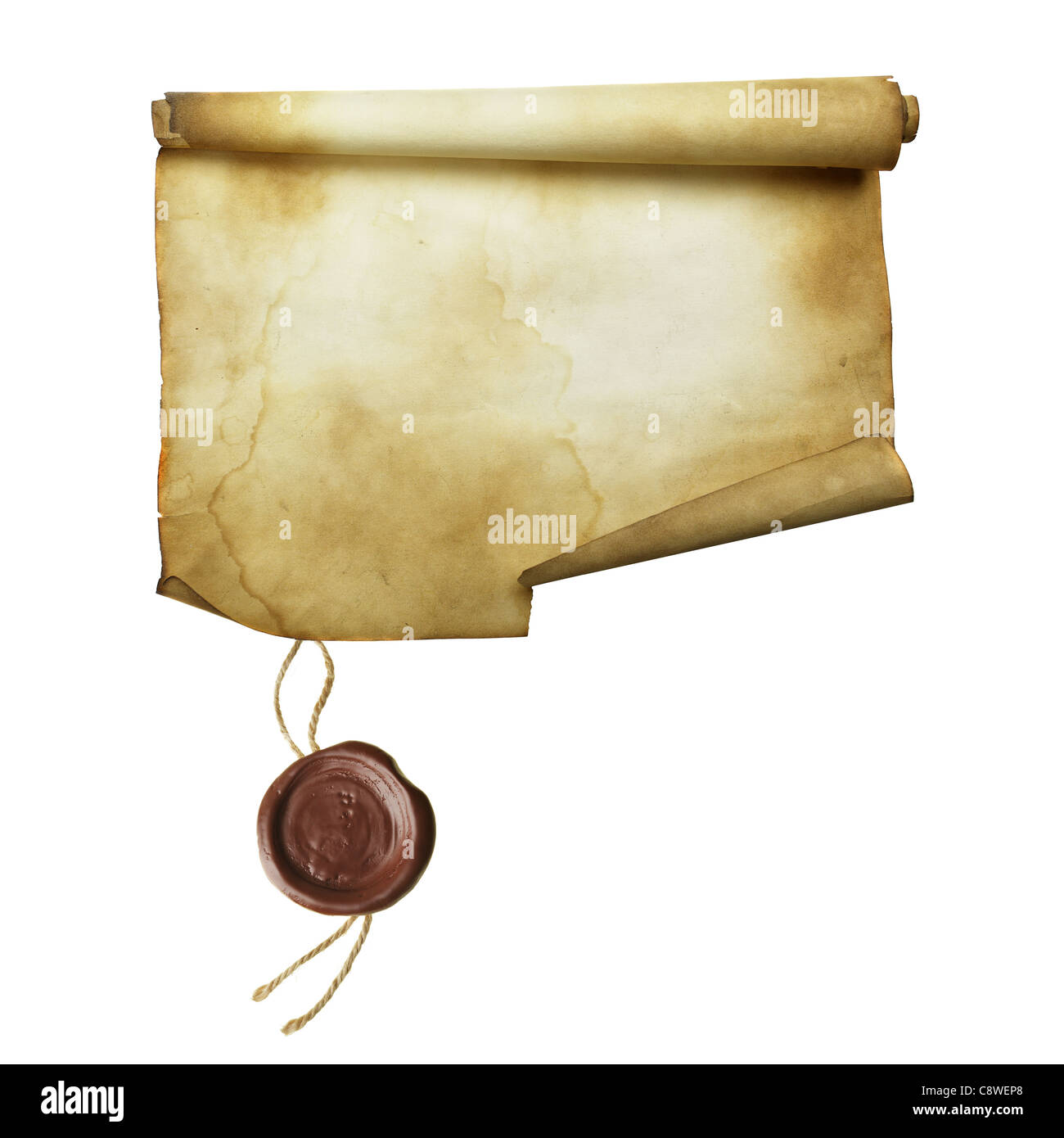 Ancient scroll with seal isolated over a white background Stock Photo