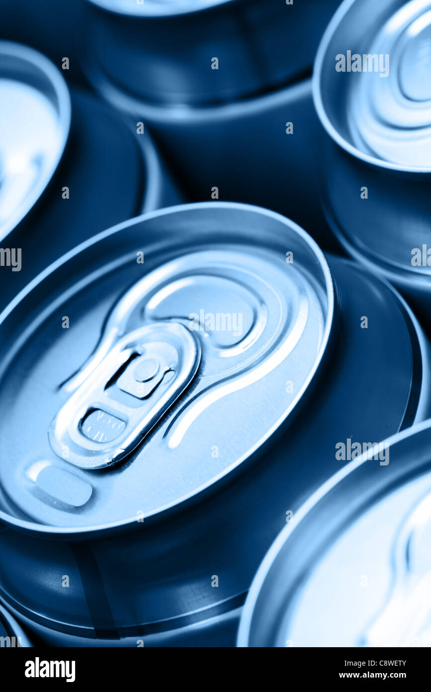 Lots of blue cans with drink close up Stock Photo Alamy