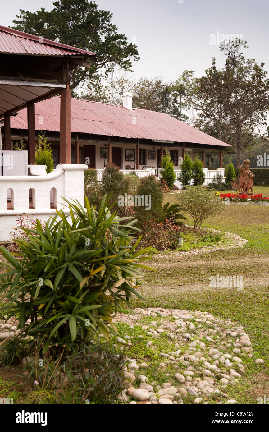 India, Assam, Jorhat, Gatoonga Tea Estate, Mistry Sahib’s Bungalow traditional planters house garden Stock Photo
