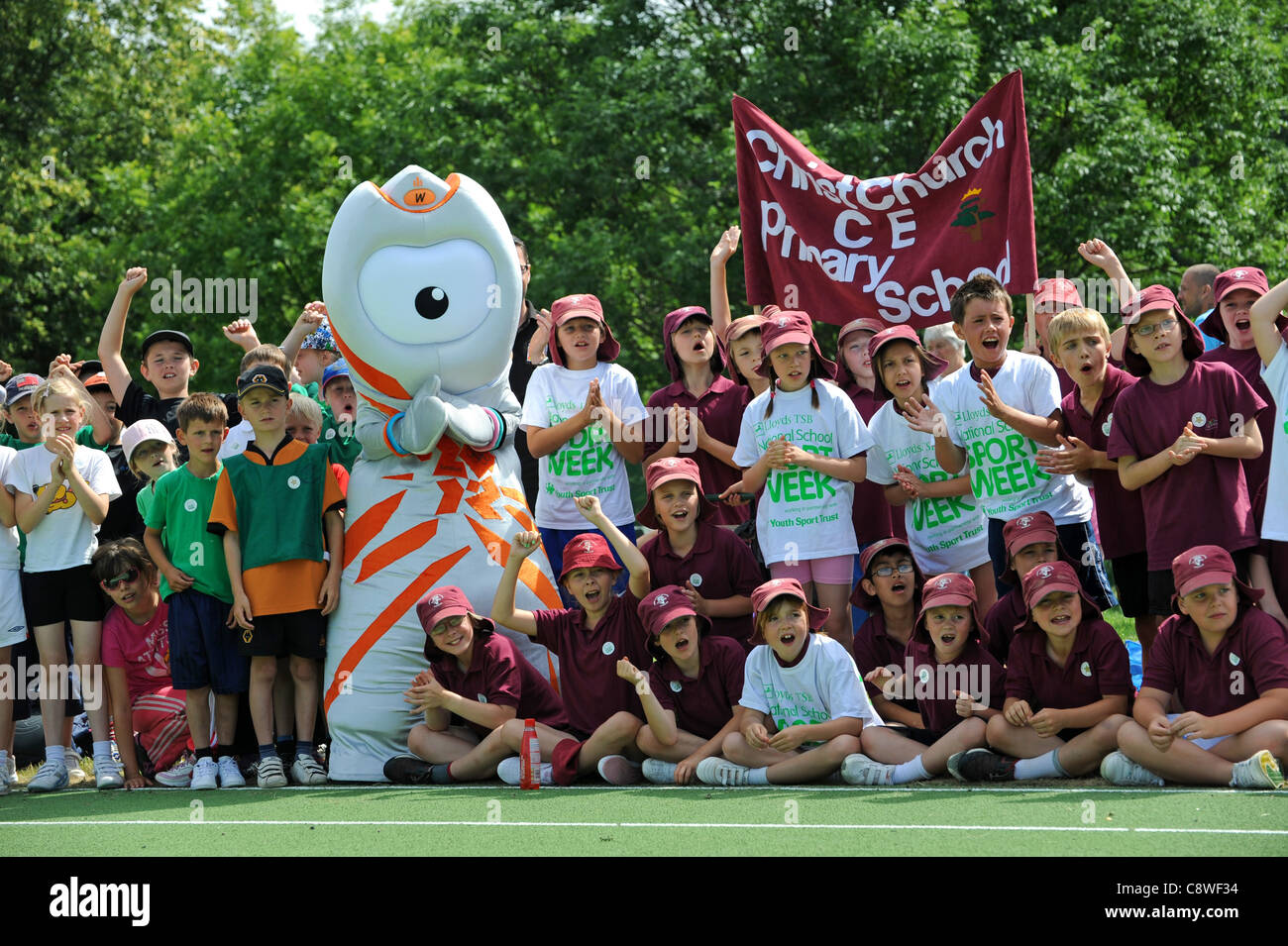 Wenlock the London 2012 Olympic mascot joins pupils at William Brookes School in Much Wenlock for inter schools sports day. Stock Photo