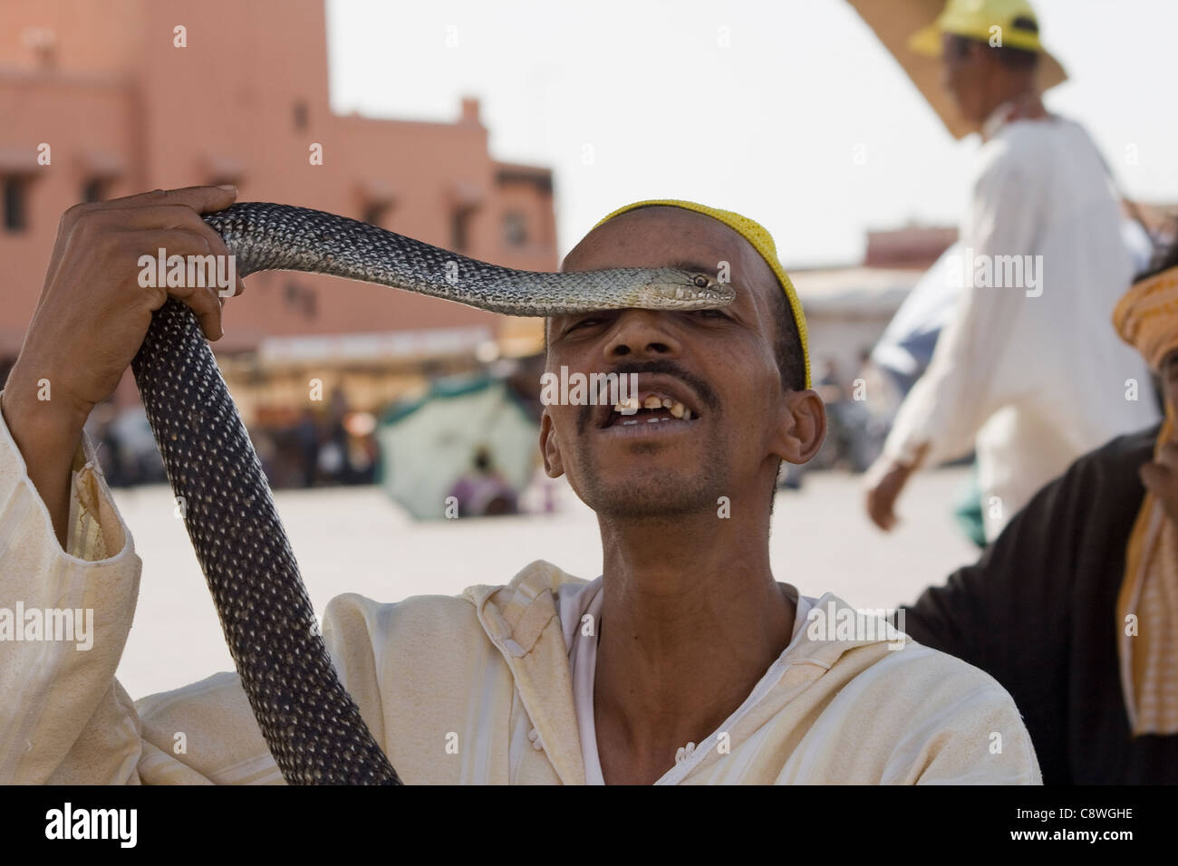 A Snake Charmer in Marrakech Morocco entertaining tourists at the main square Jamaa el Fna. Stock Photo