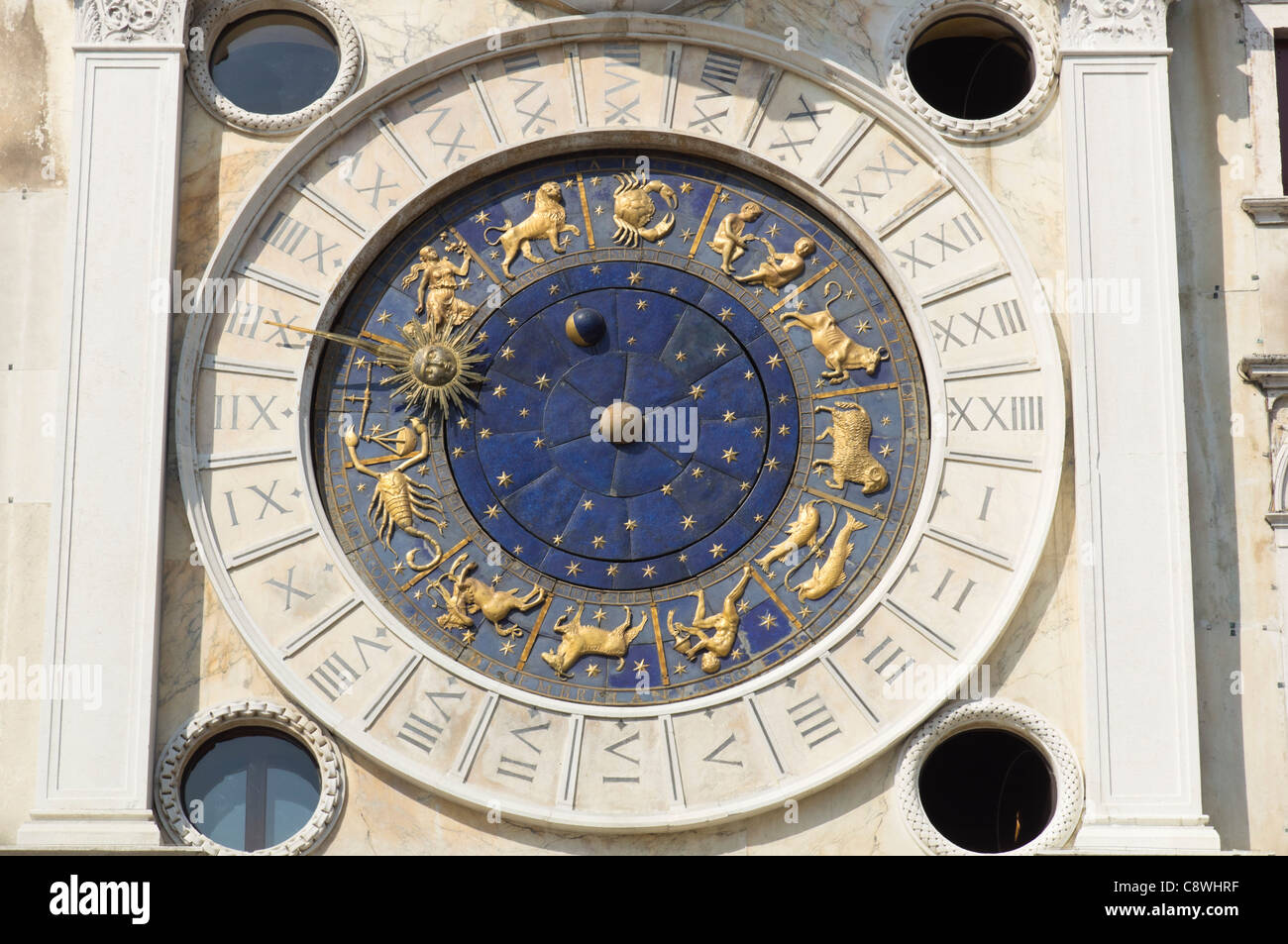 Venice - the astrological clock, San Marco. 24 hour face with star signs. Stock Photo