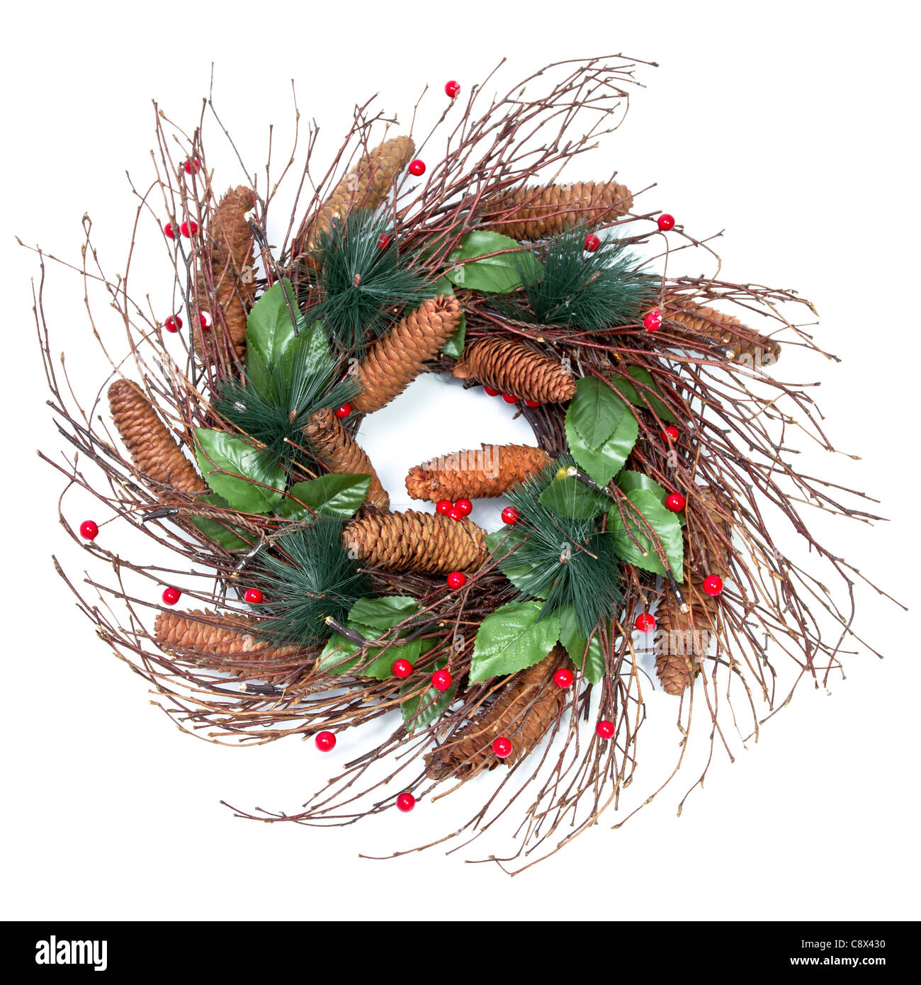 Christmas Wreath Pine Cones Holly Twigs Stock Photo
